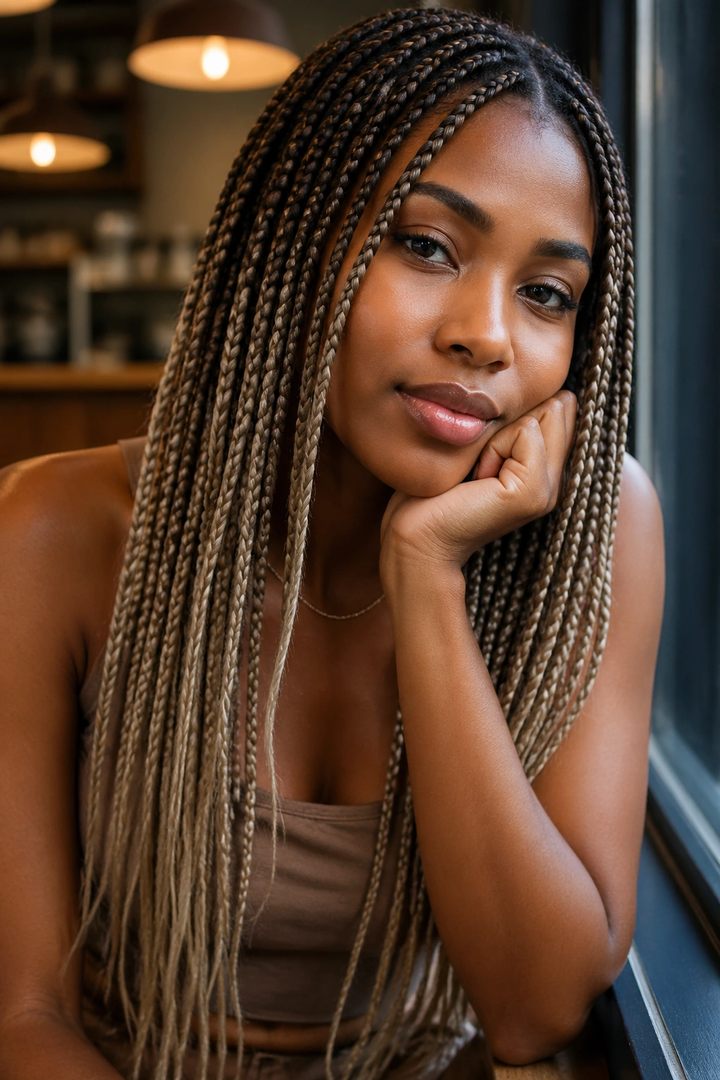 Close-up of real woman with mocha to milk-tea ombré braids