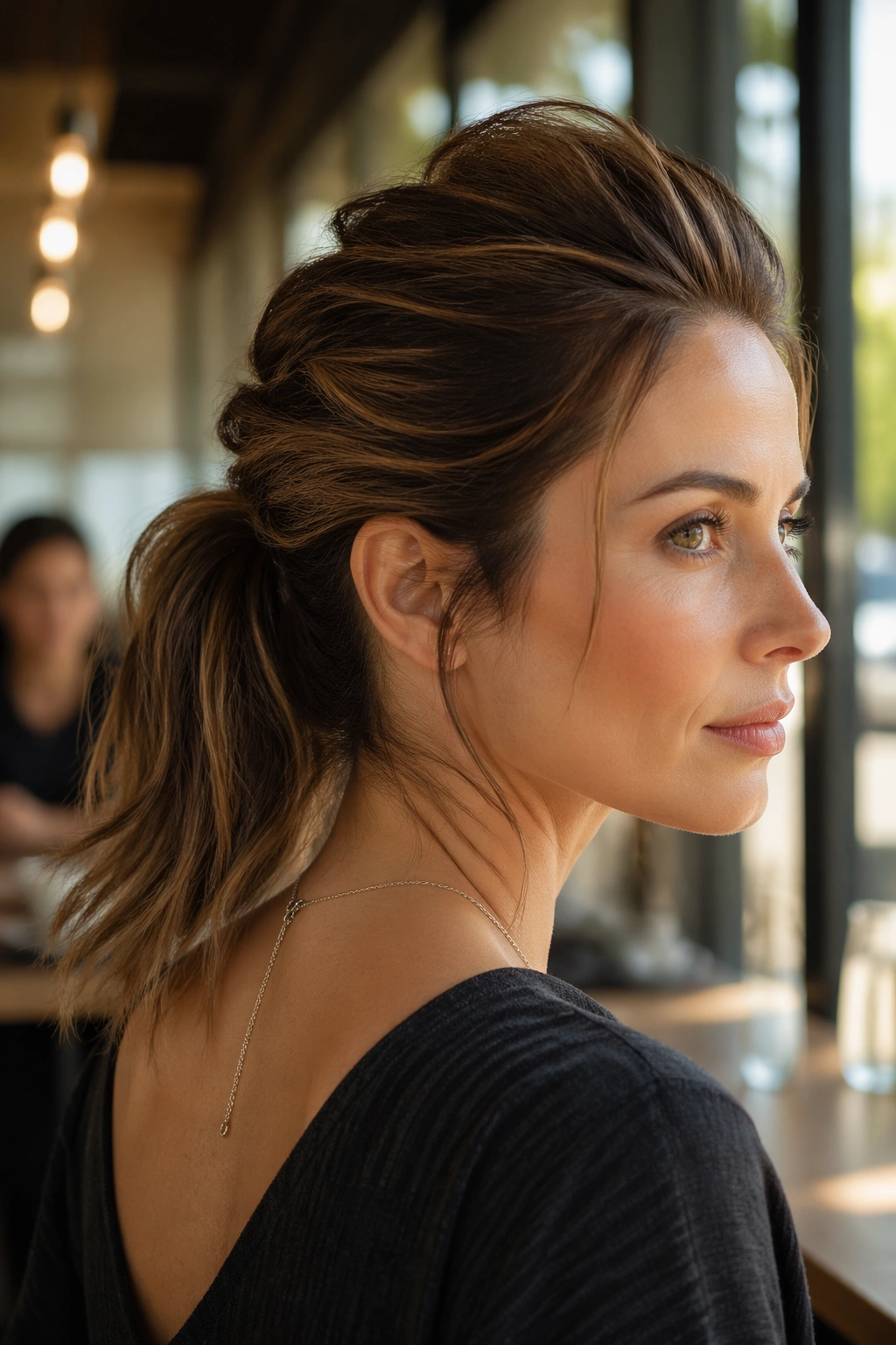 Close-up of a real woman with a soft mohawk ponytail under natural cafe light