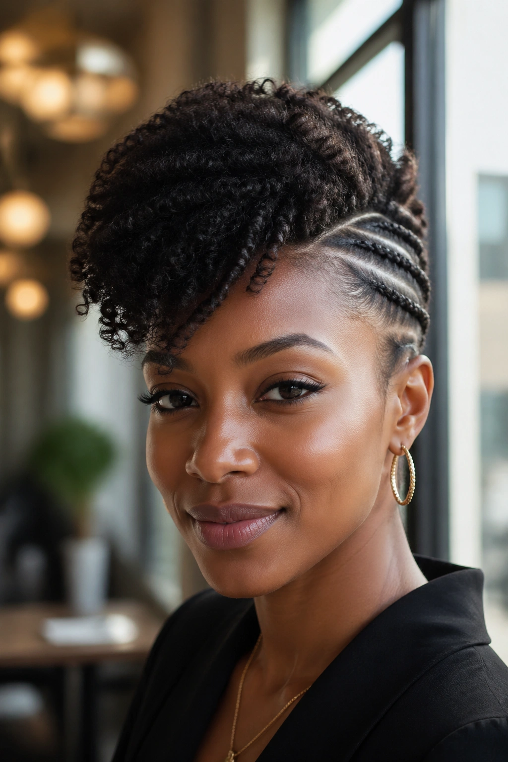 Close-up of a woman with a soft mohawk and side swoop in natural light