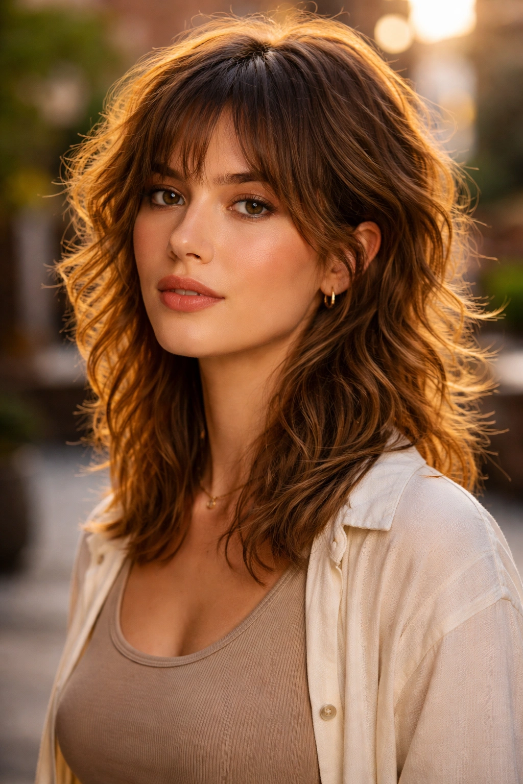 Close-up of a real woman with a soft mullet shag in sunset light