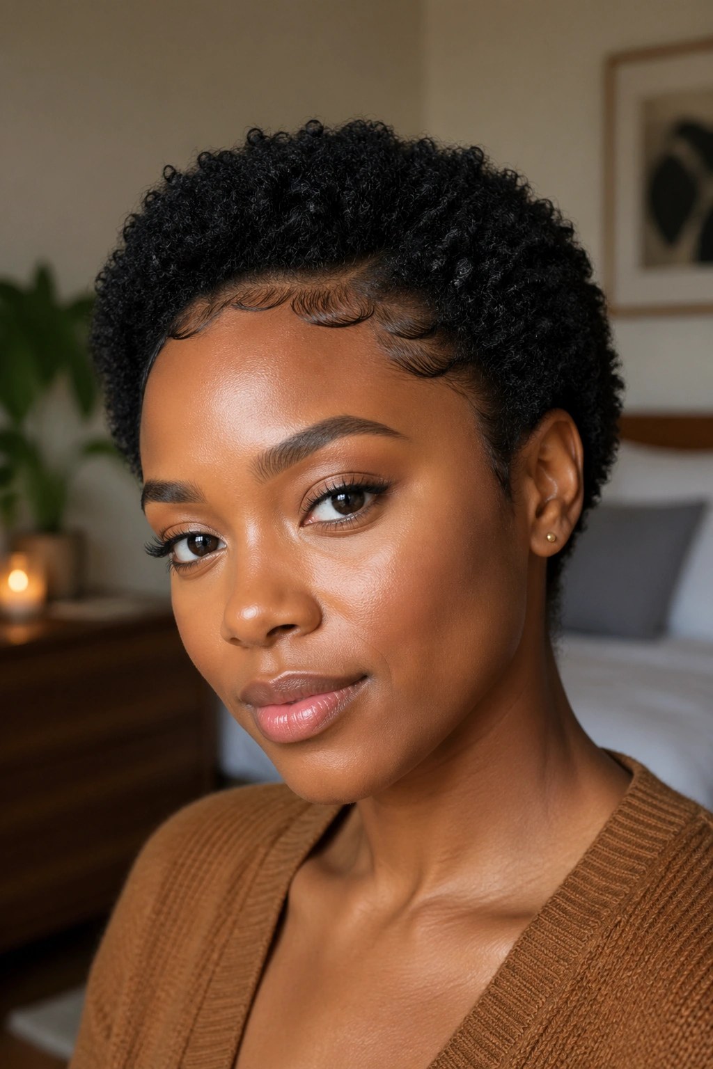 Close-up of a real woman with a soft natural small Afro and edge control
