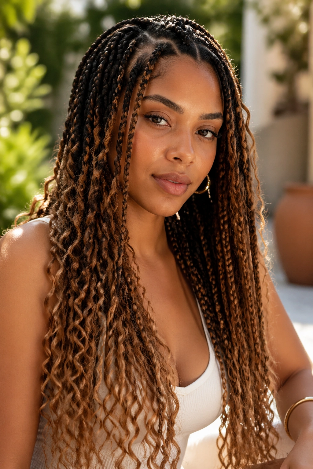 Real woman with soft ombré goddess braids in a sunlit courtyard
