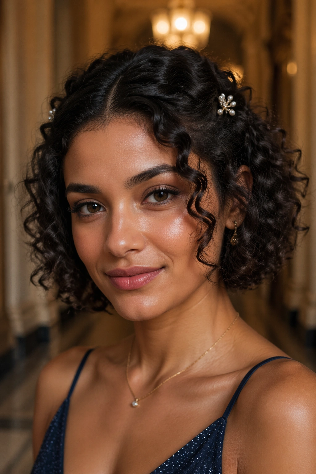 Close-up of a real person with pearl-pin pinned back curls