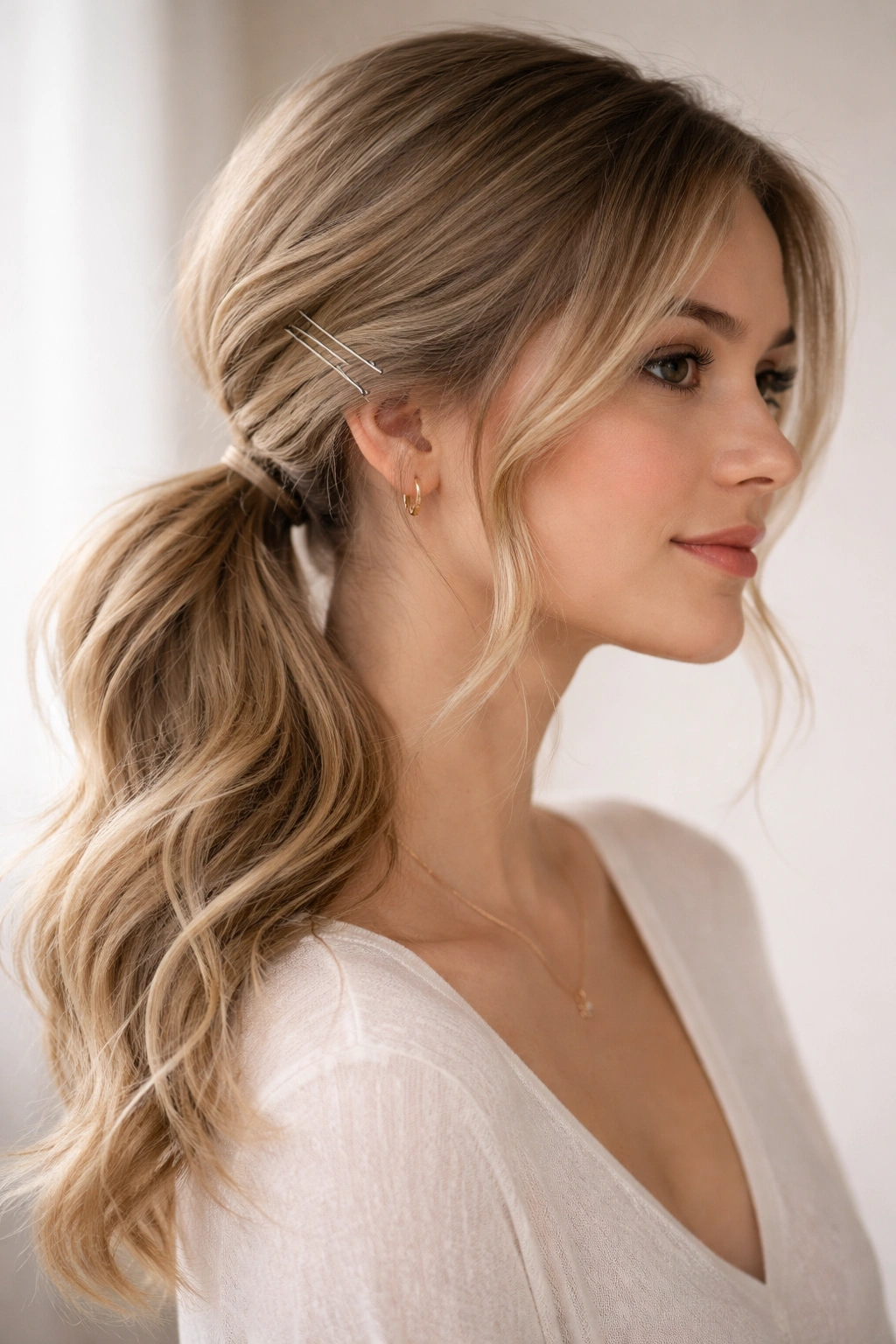 Side ponytail secured with a few bobby pins behind the ear in an X shape