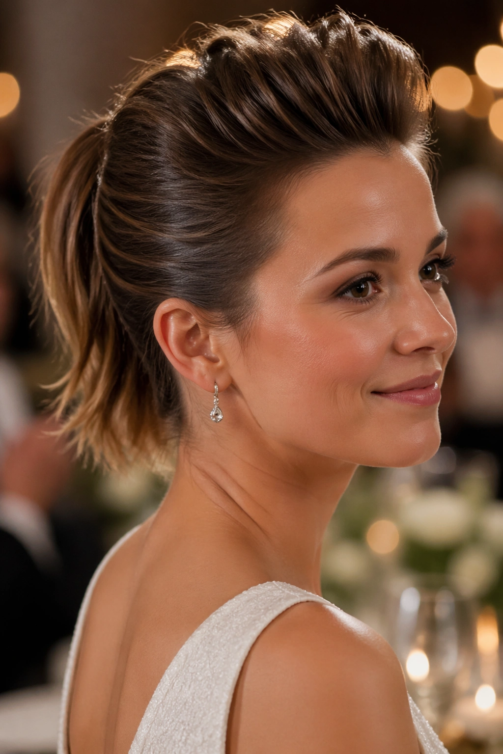 Close-up of a real woman with a soft pompadour and ponytail at the back under warm light.