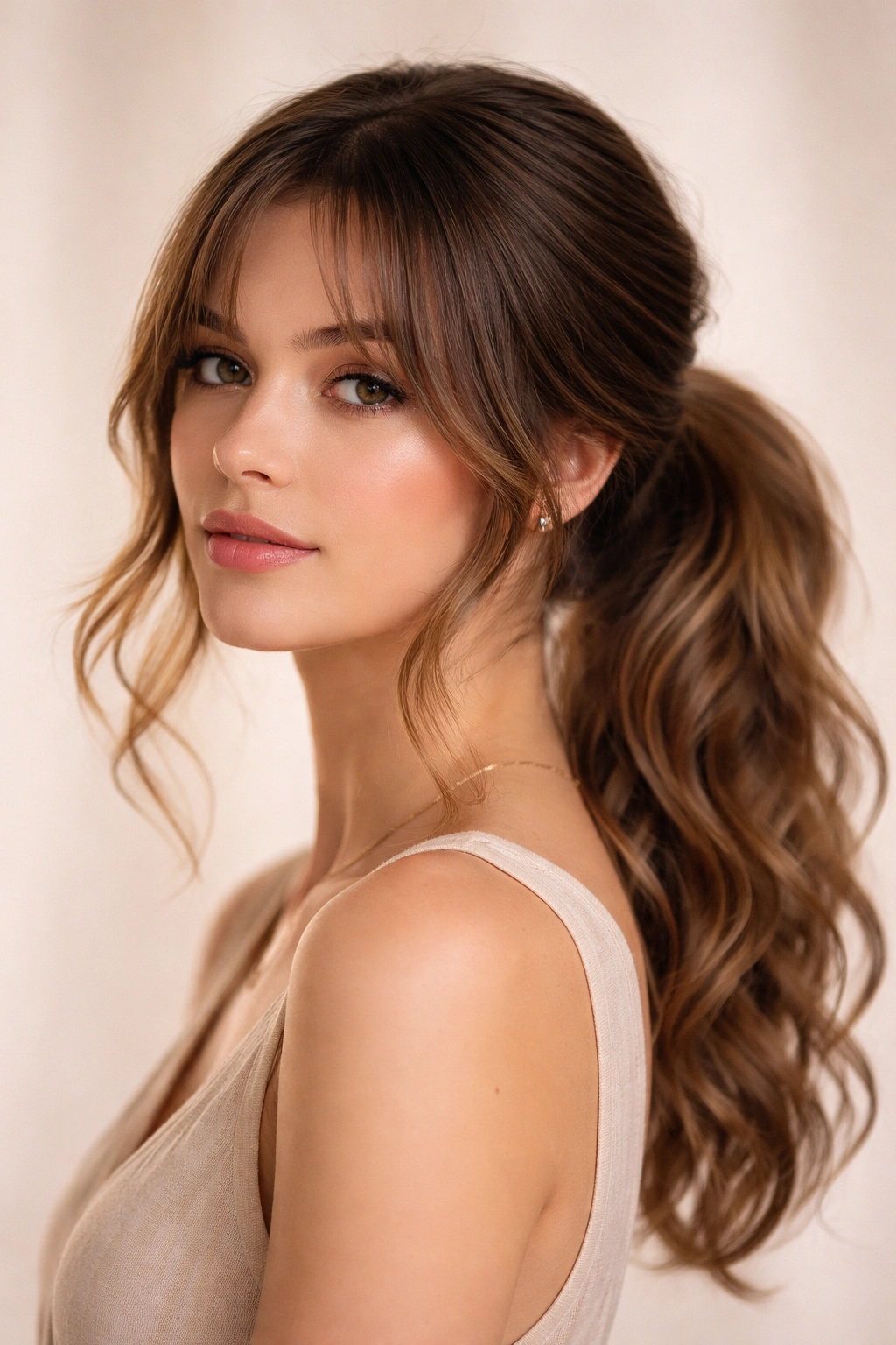 Soft low ponytail with curtain bangs showing a gentle bend in the tail