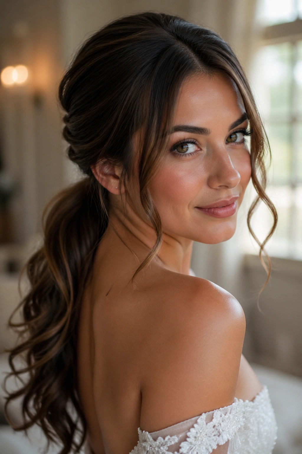 Close-up of a real bride with soft low ponytail and face-framing pieces