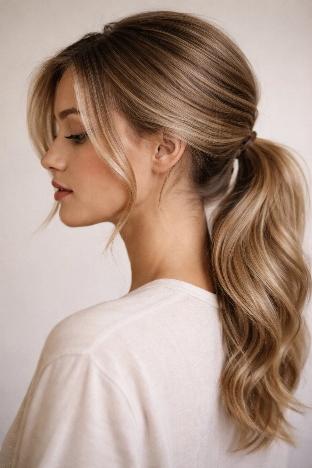 Soft side-part low ponytail with off-center part and gentle root lift, close-up