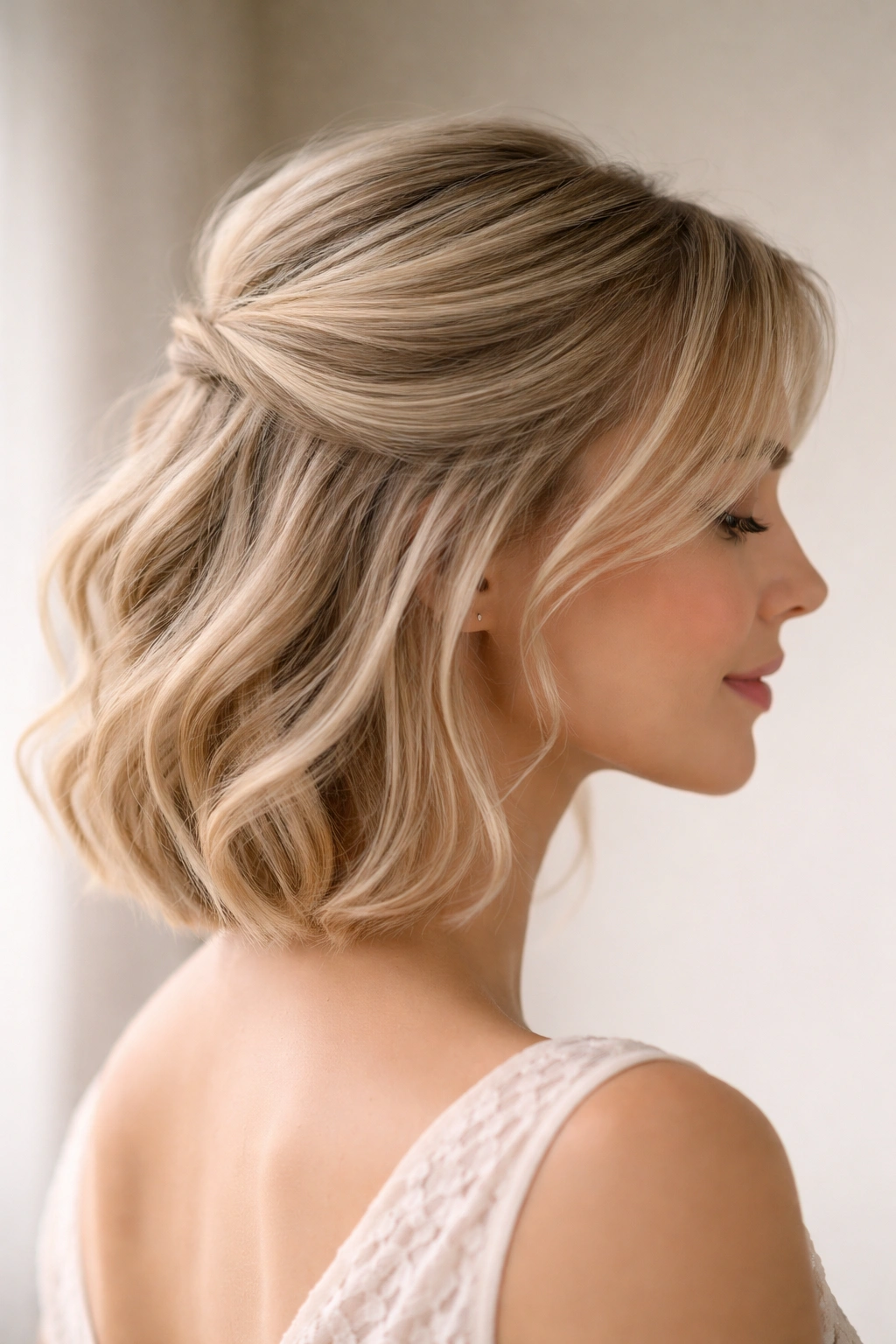 Side profile showing a soft roll-back on fine hair with the top rolled toward the crown