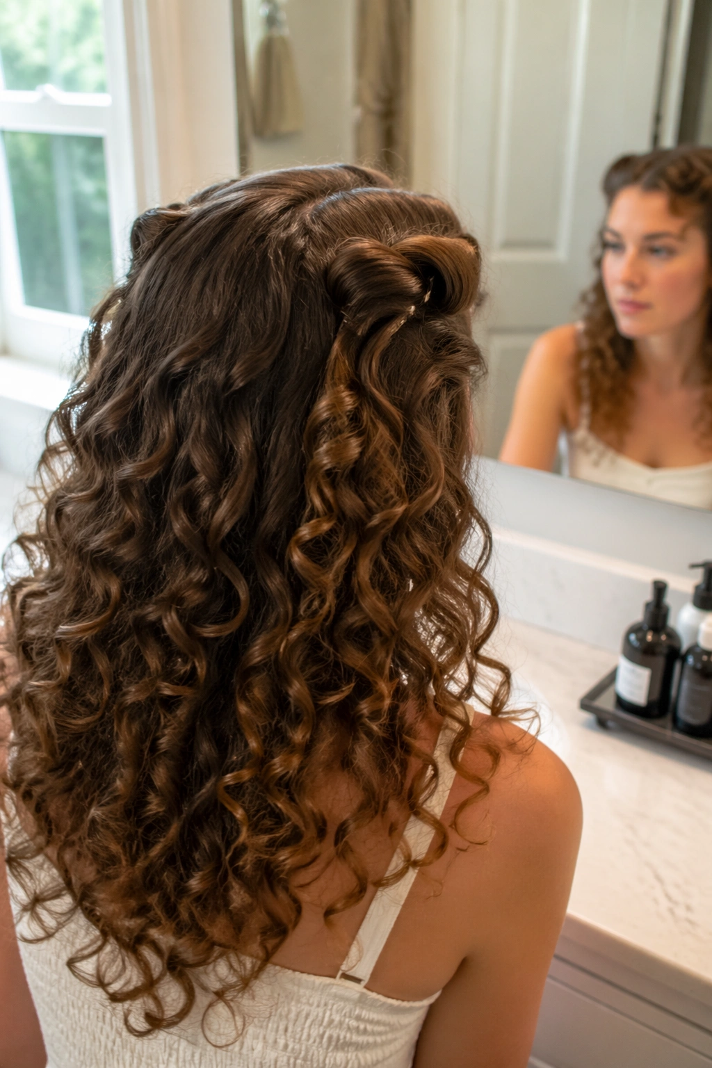 Over-the-shoulder view of rolled front sections pinned to the crown with loose curls underneath.