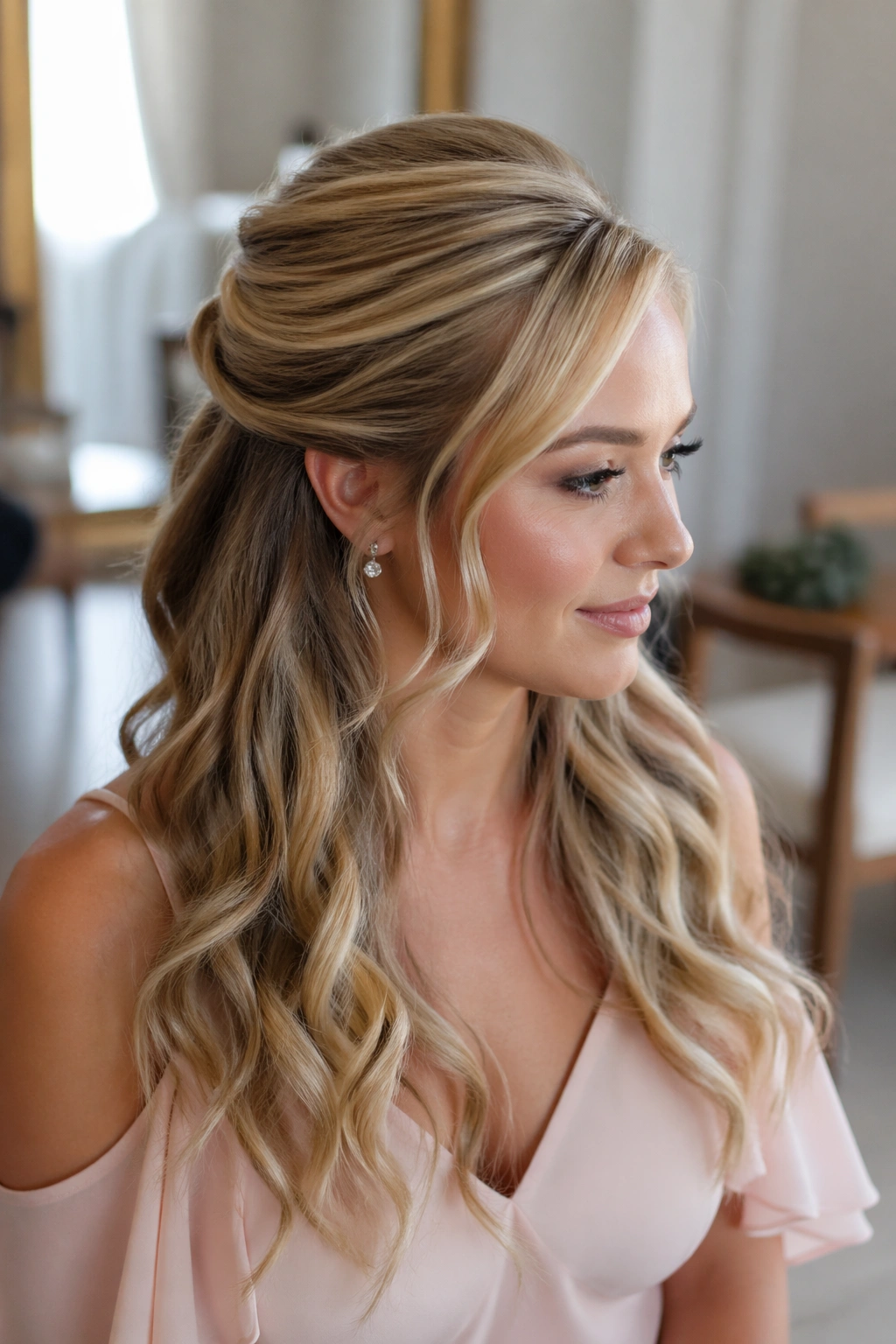 Portrait of a real woman with a soft rolled half-up hairstyle in an elegant bridal suite