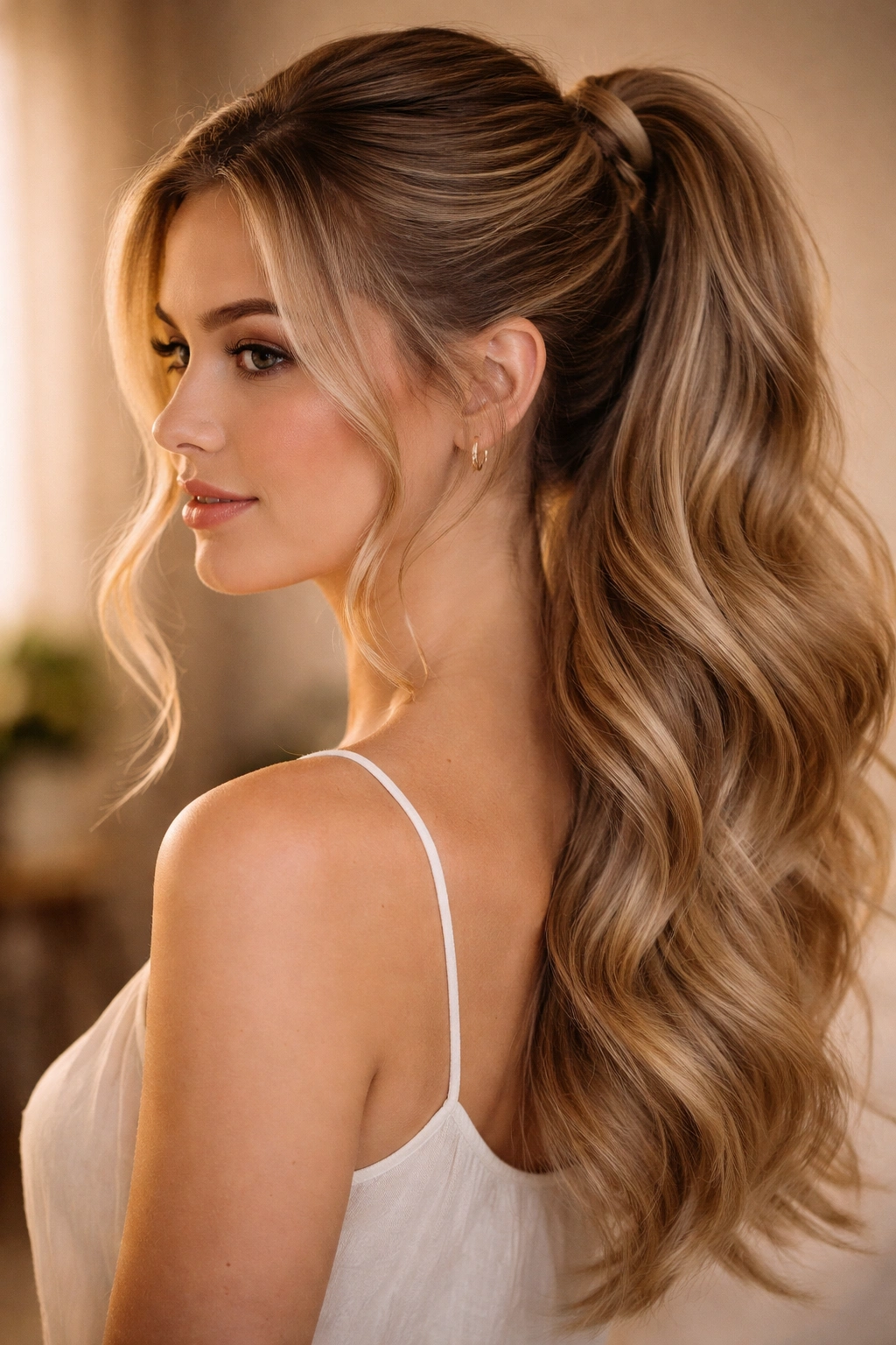 Soft romantic double weave ponytail with face-framing pieces and brushed-out waves