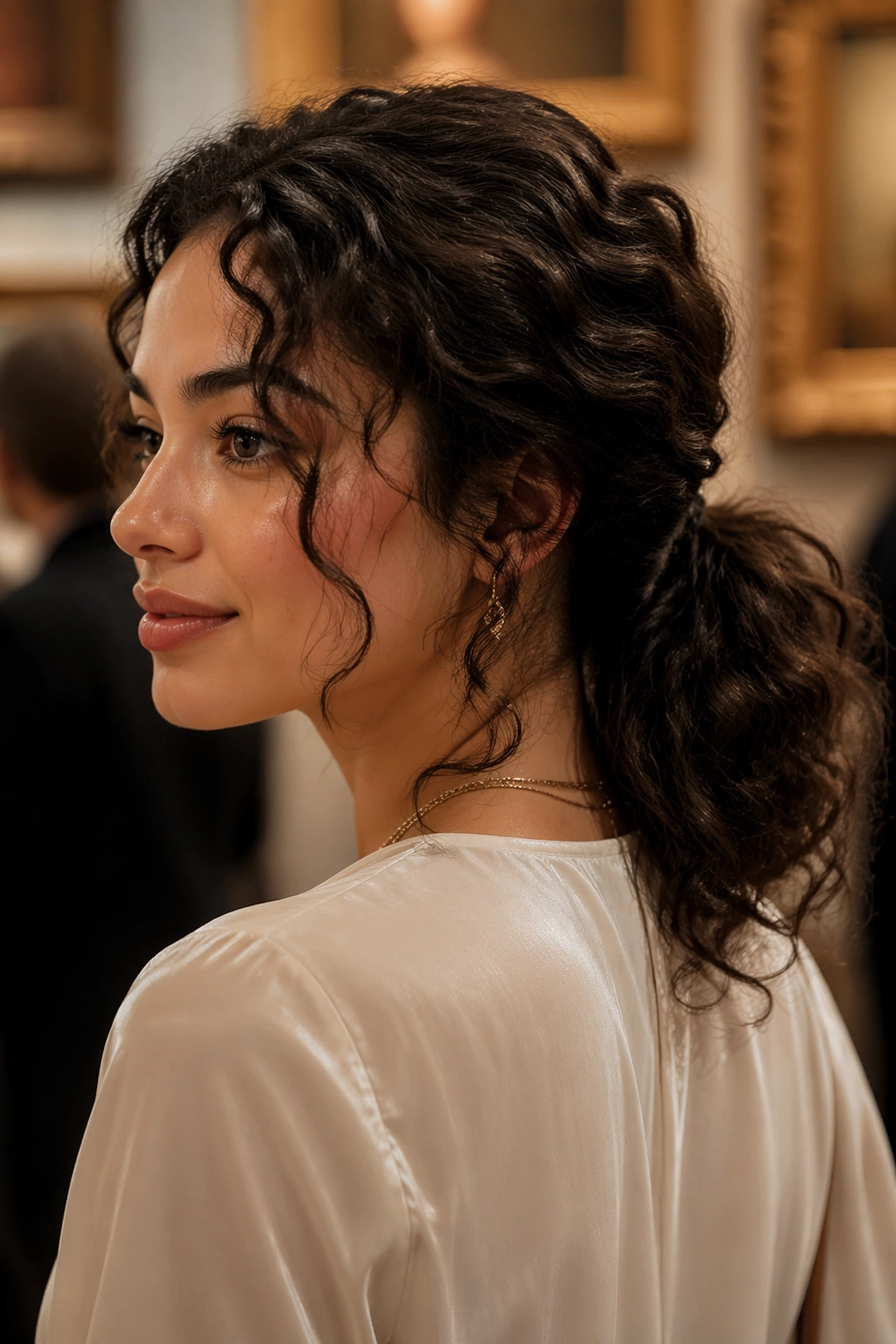 Portrait of a real woman with a soft romantic low ponytail and loose curls