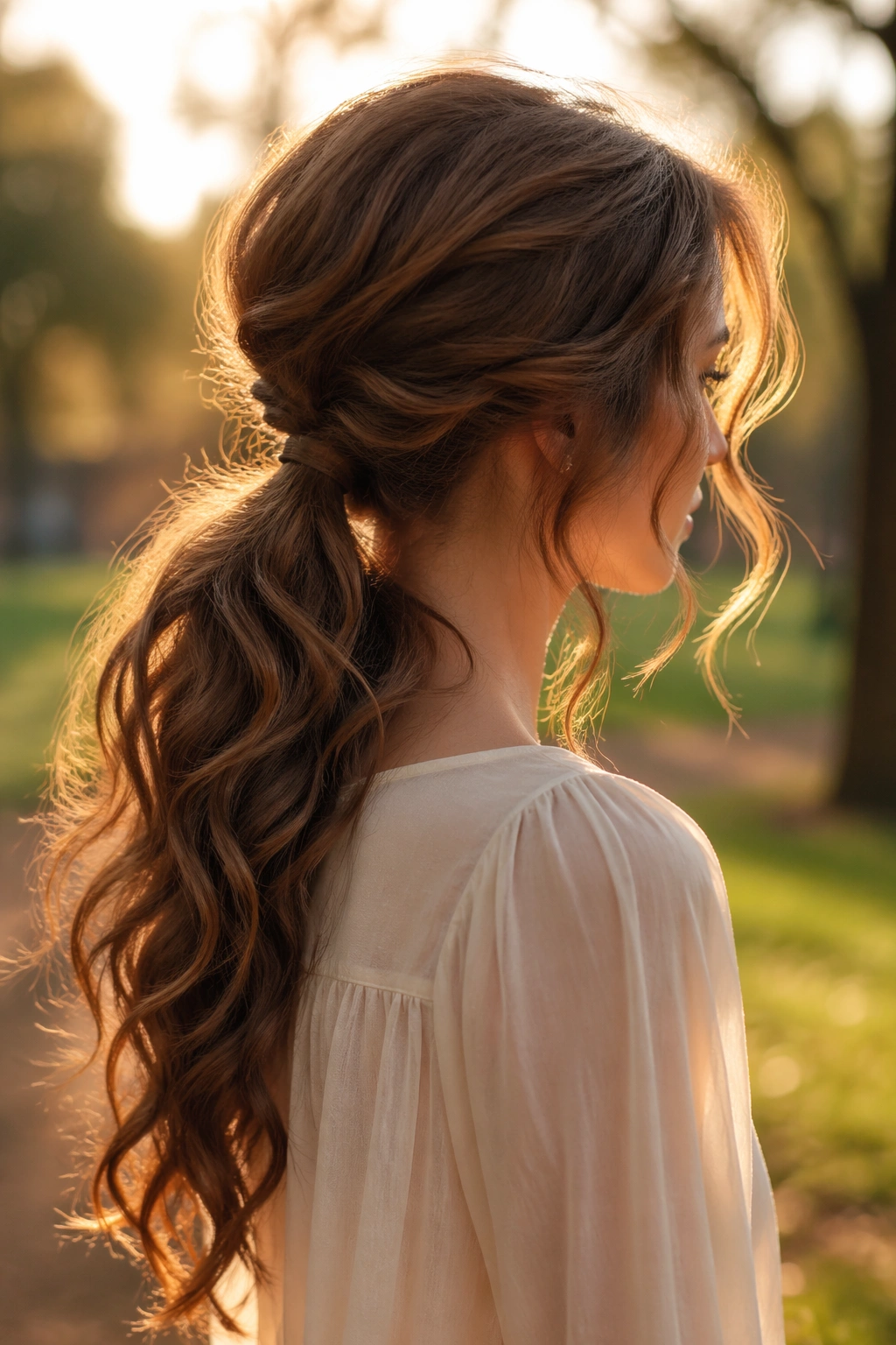 Hero outdoor shot of soft romantic ponytail with loose tendrils.