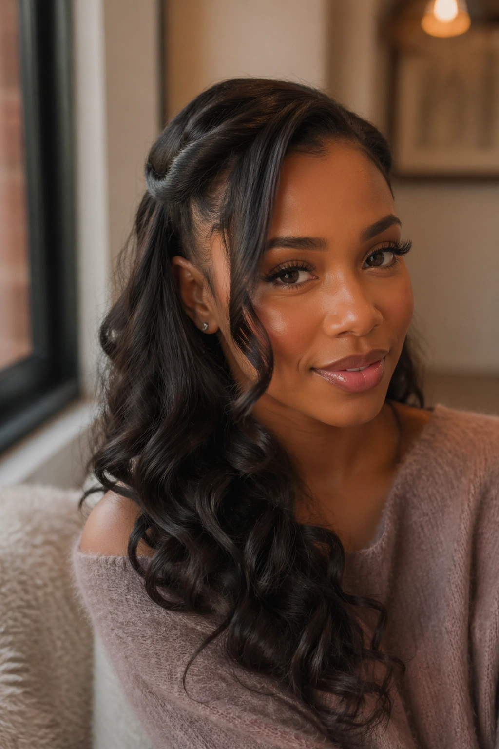 Portrait of a real person with a Soft Romantic Side Half-Up, pinned to the side and waves over the shoulder