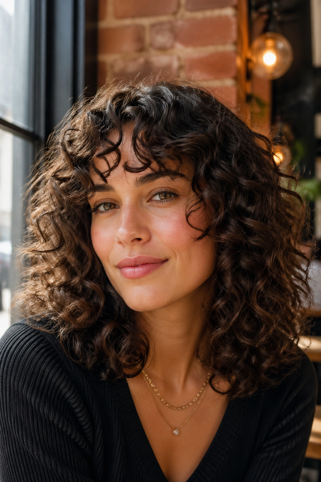 Close-up of real woman with soft rounded curls in sunlit cafe