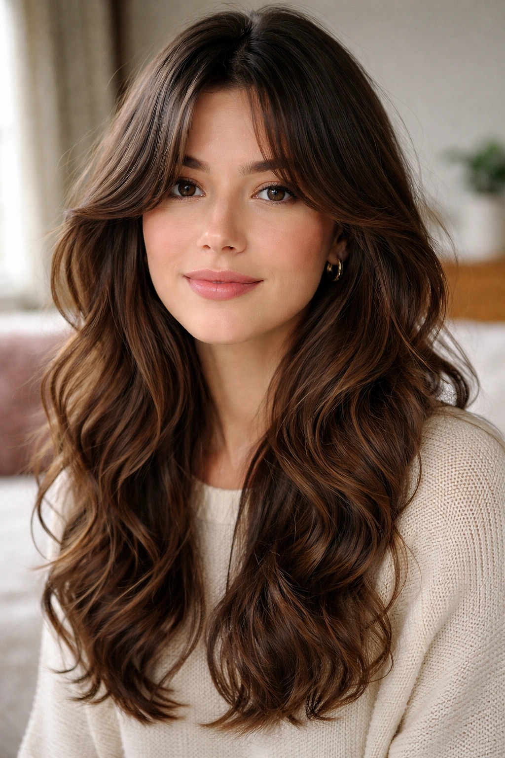 Close-up portrait of a woman with soft S-curve curtain bangs in natural light