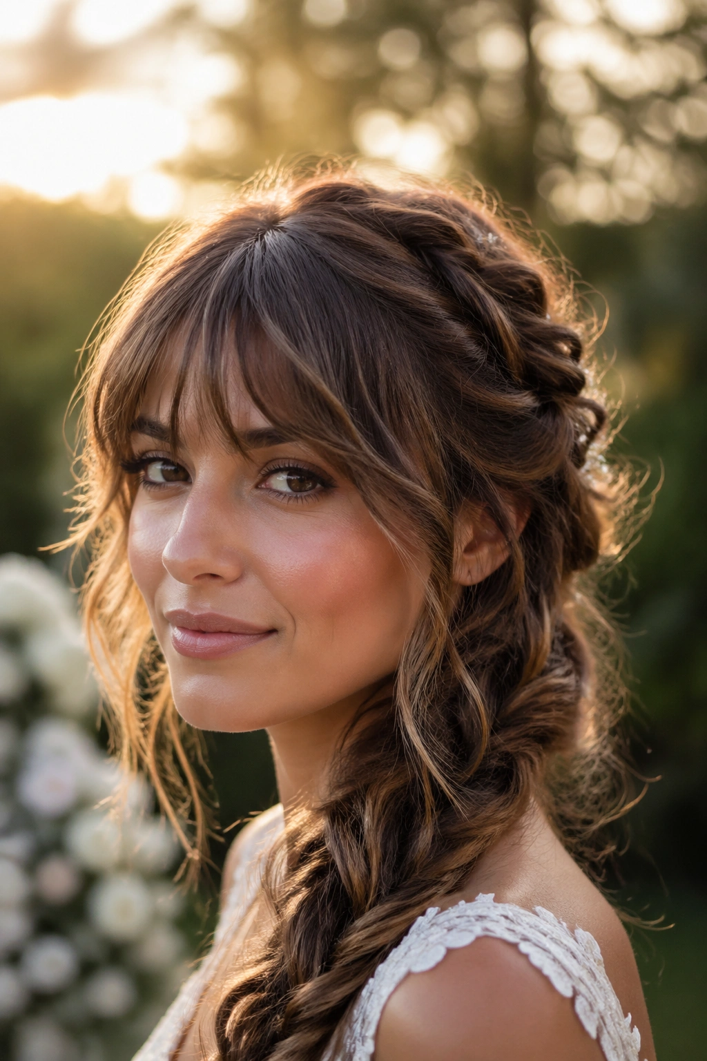 Close-up of a bride with soft shag bangs and a boho braid in a garden wedding setting