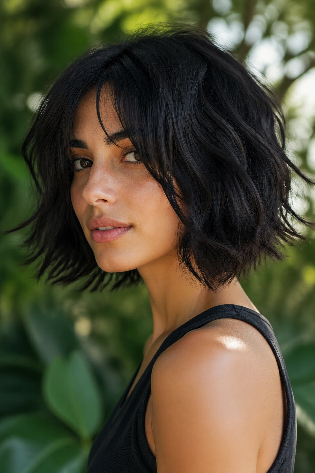 Close-up of a real woman with soft shag bob and layered crown, outdoors