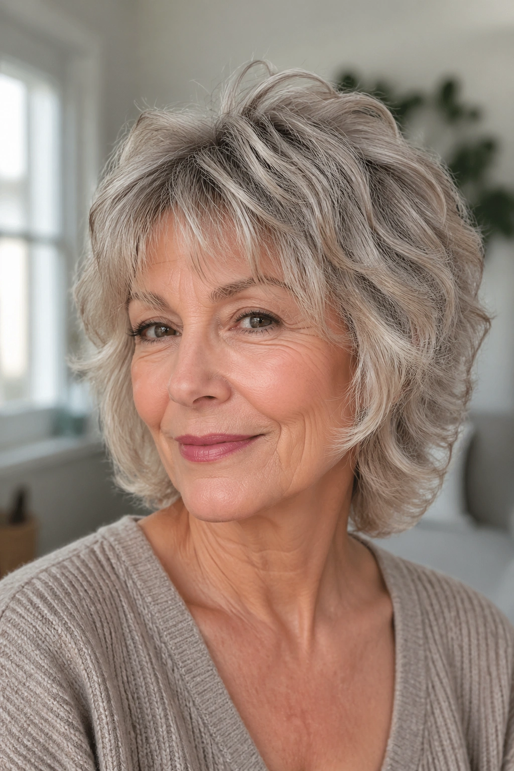 Close-up of a real woman with soft shag showing crown lift in bright living room.