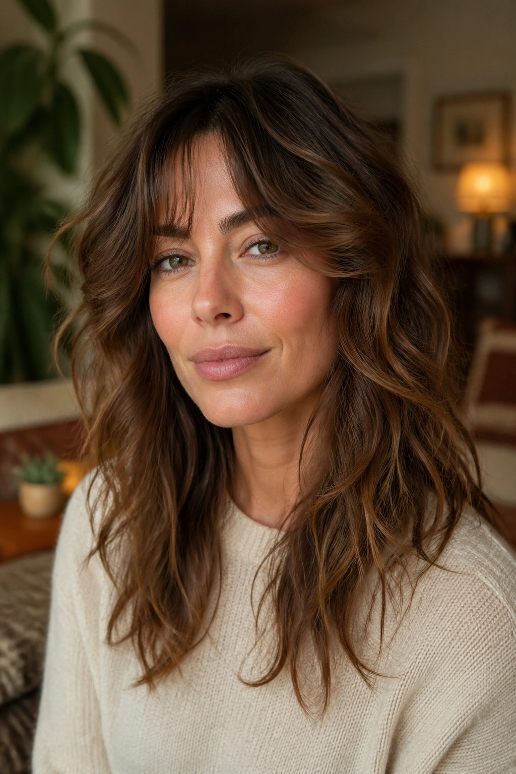 Close-up portrait of a real person with a soft shag and airy layers in warm indoor light