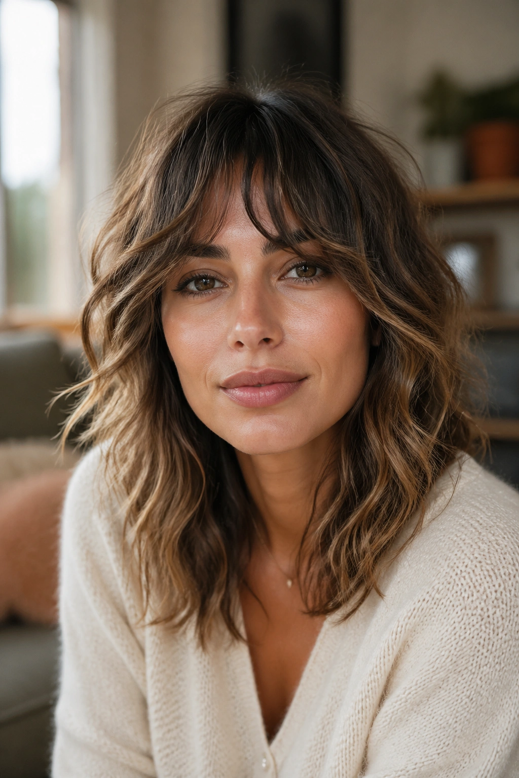 Close-up of a woman with soft shag and wavy fringe in a cozy room