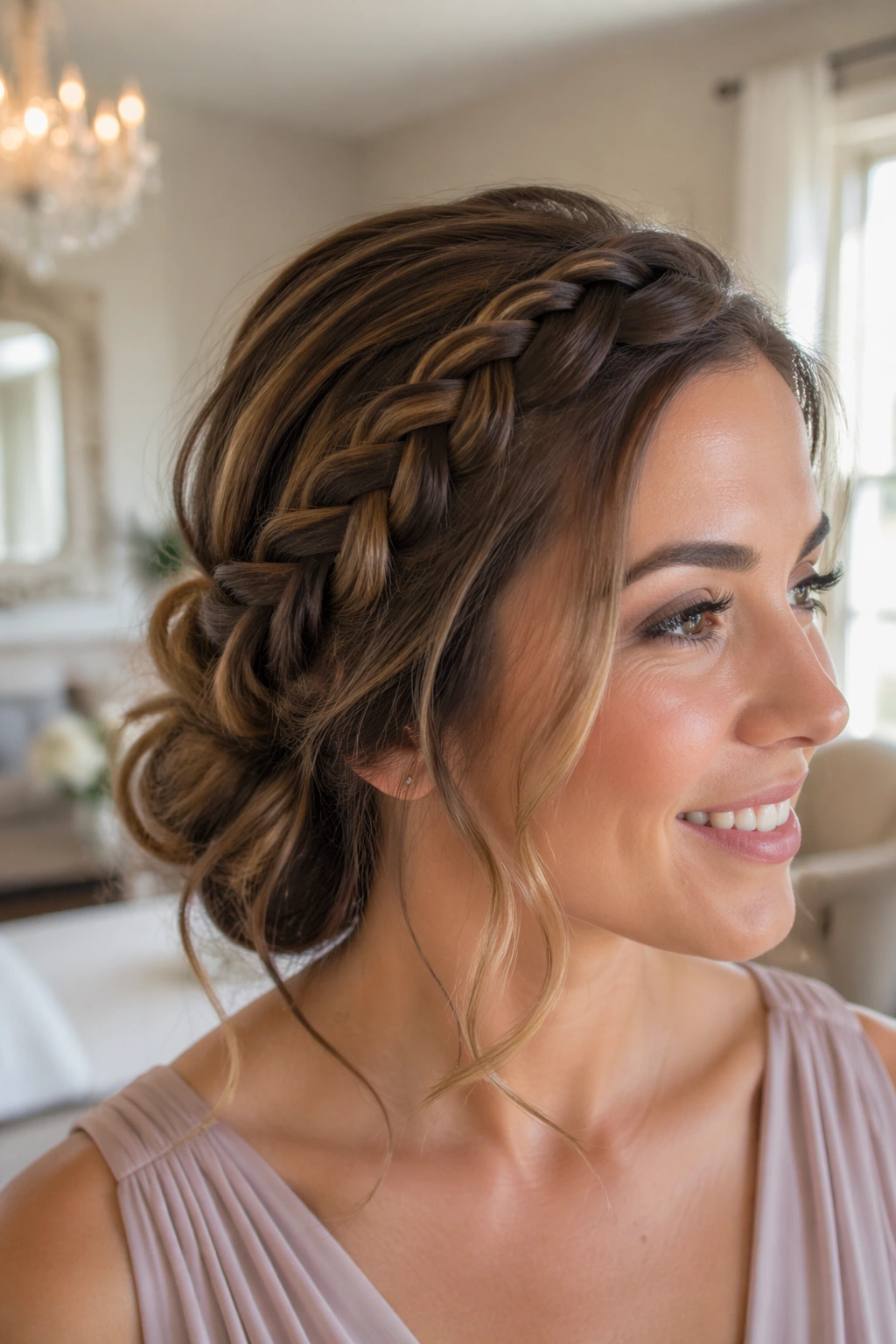 Close-up of a real woman's head with a soft side braid on medium-length hair in a sunlit bridal suite