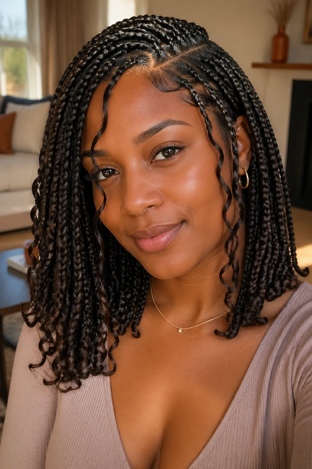 Portrait of soft side-part knotless braids with face-framing pieces on a real person