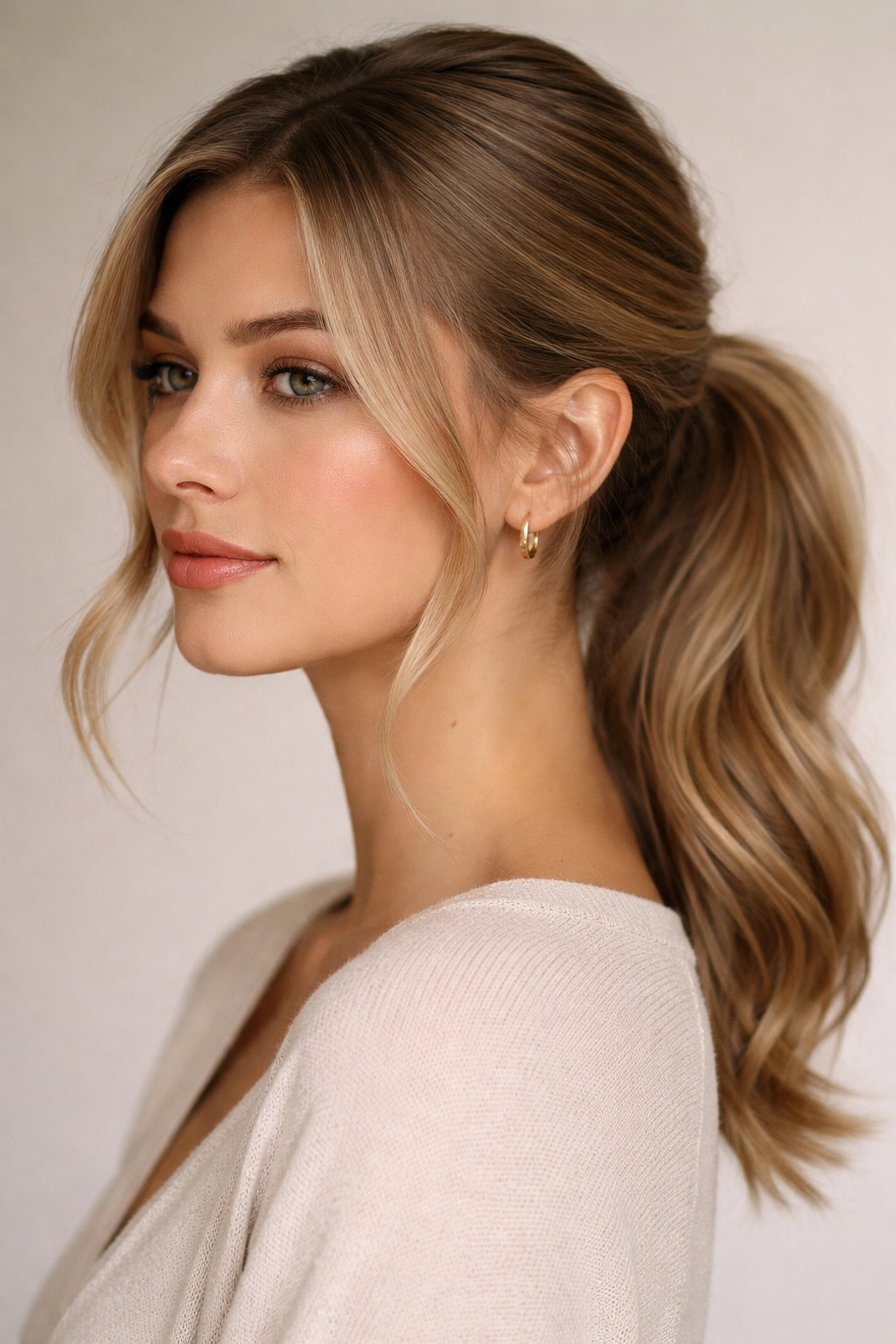 Close-up of soft side-part low ponytail with gentle root lift and off-center ponytail