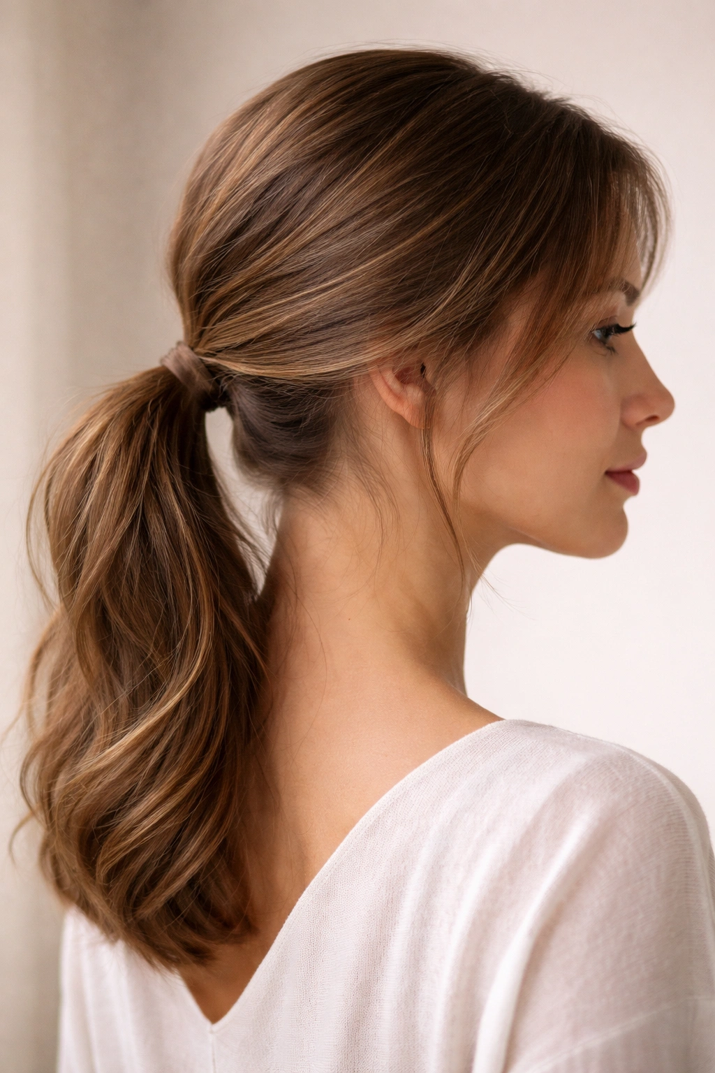 Soft Side-Part Low Ponytail hairstyle with off-center ponytail and gentle flyaways in studio lighting