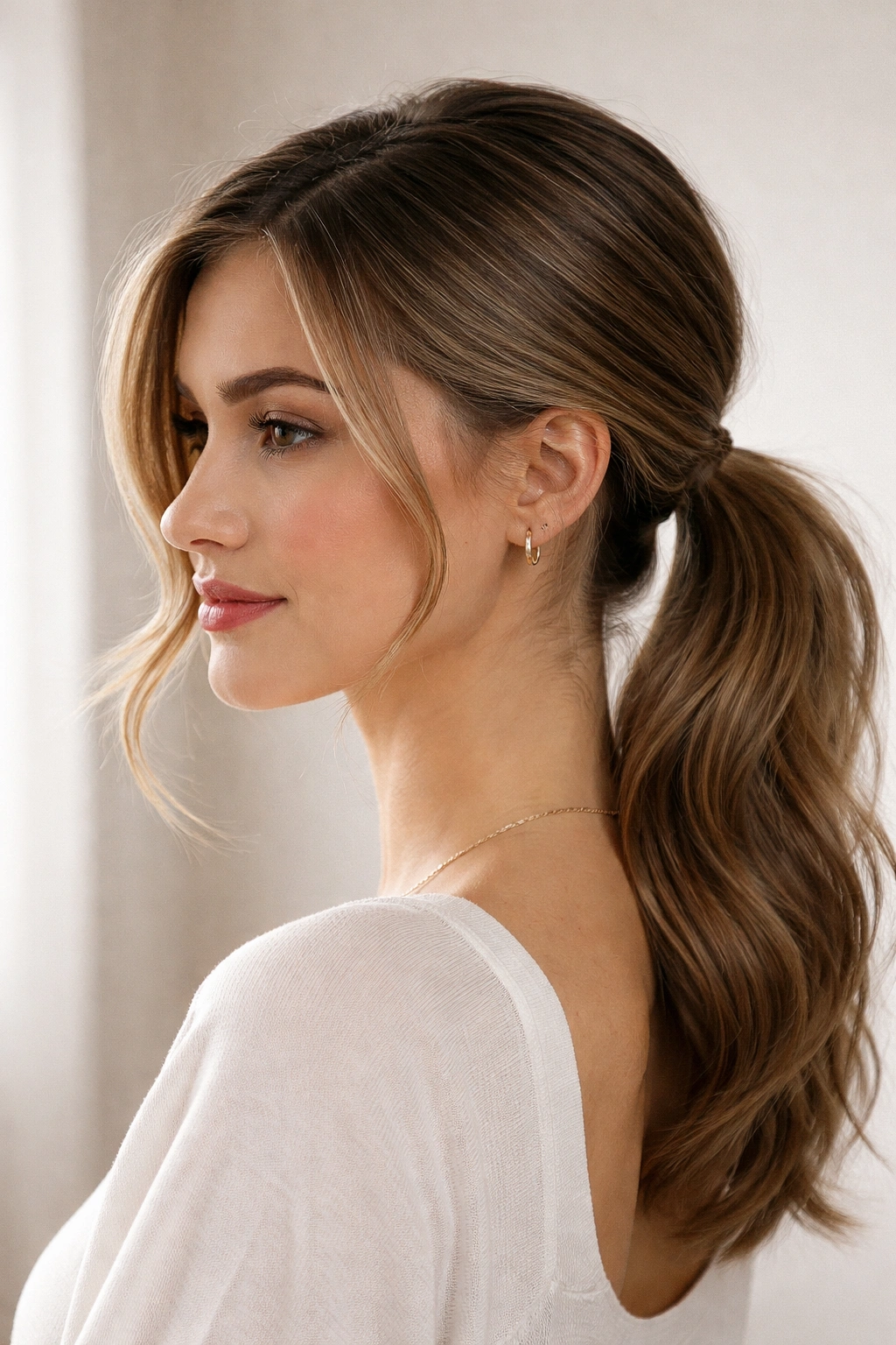 Soft side-part low ponytail with off-center placement and gentle crown lift.