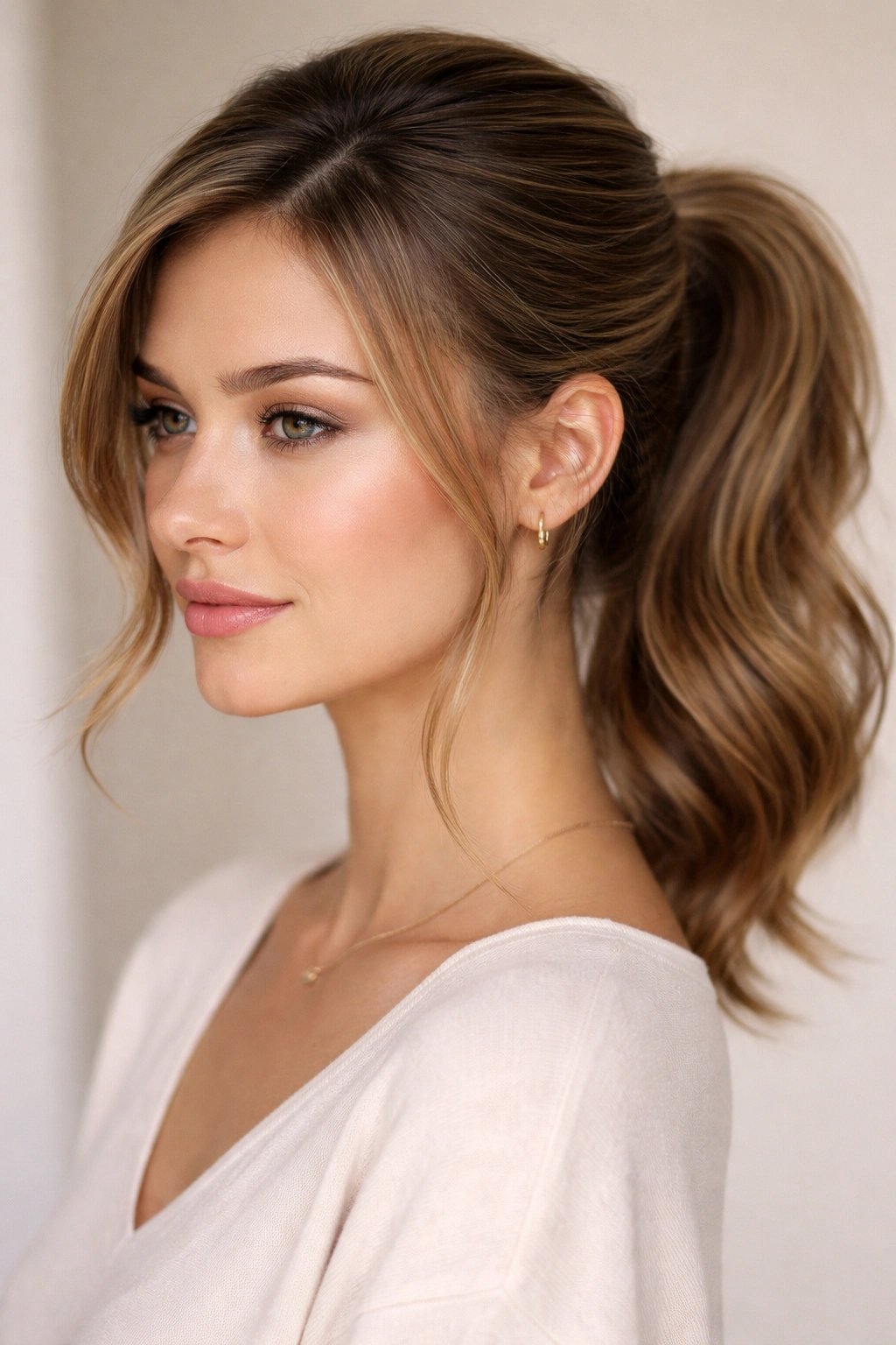Three-quarter view of a soft side-part mid ponytail with gentle face-framing pieces