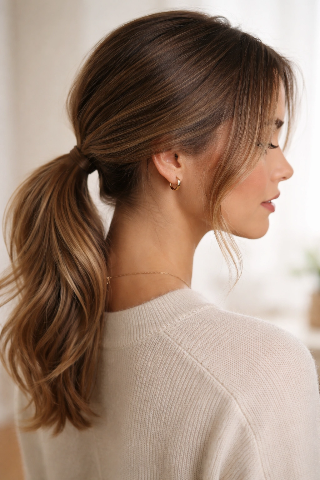 Close-up of a soft side-part low ponytail with a loose front strand