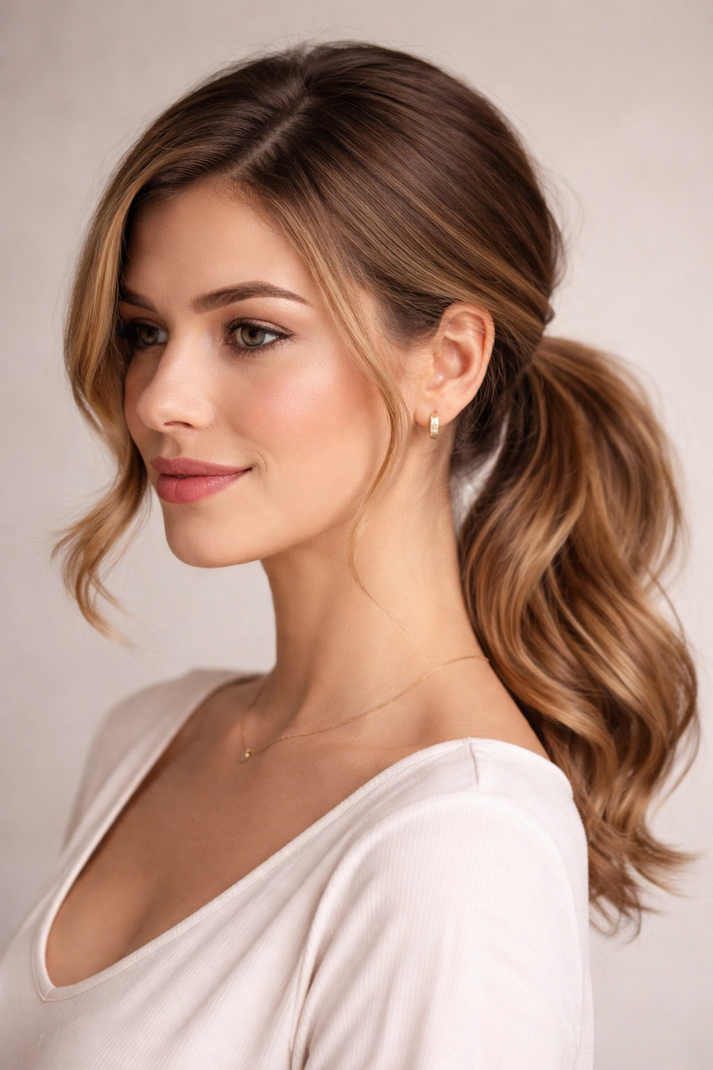 Close-up of a soft side-part low ponytail with off-center hair, highlighting gentle root lift and smooth texture