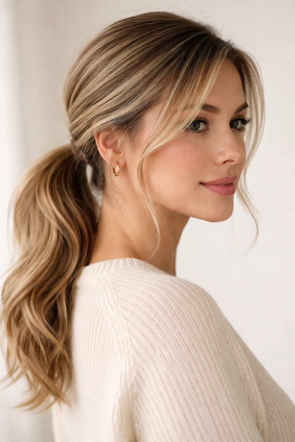 Soft side-part low ponytail with off-center ponytail and loose front strand, studio lighting