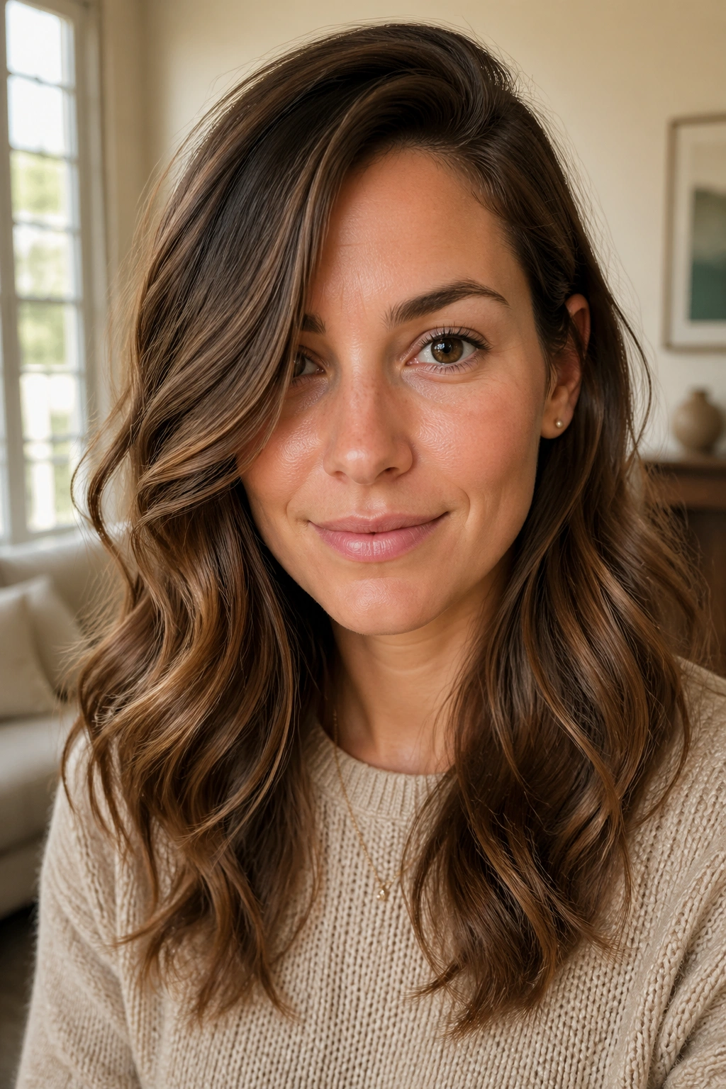 Close-up portrait of a real woman with soft side-parted waves and a gentle side part.