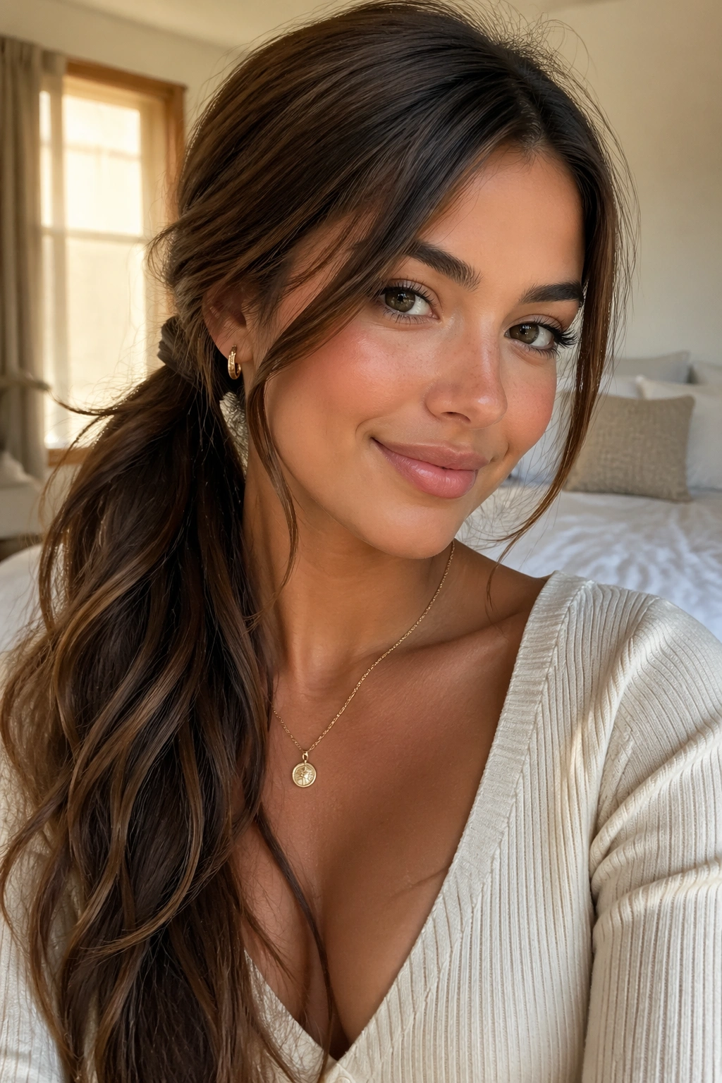 Close-up of a real woman with a soft side ponytail and face-framing pieces in long brown hair under warm window light