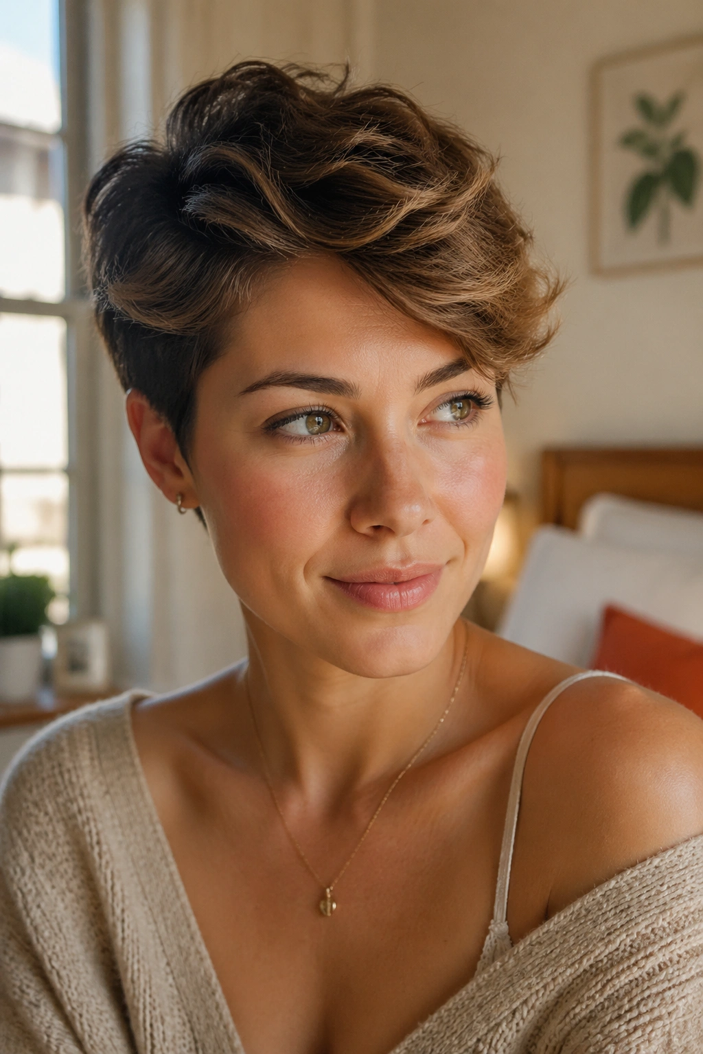 Close-up of real woman with soft side-swept pixie in natural window light