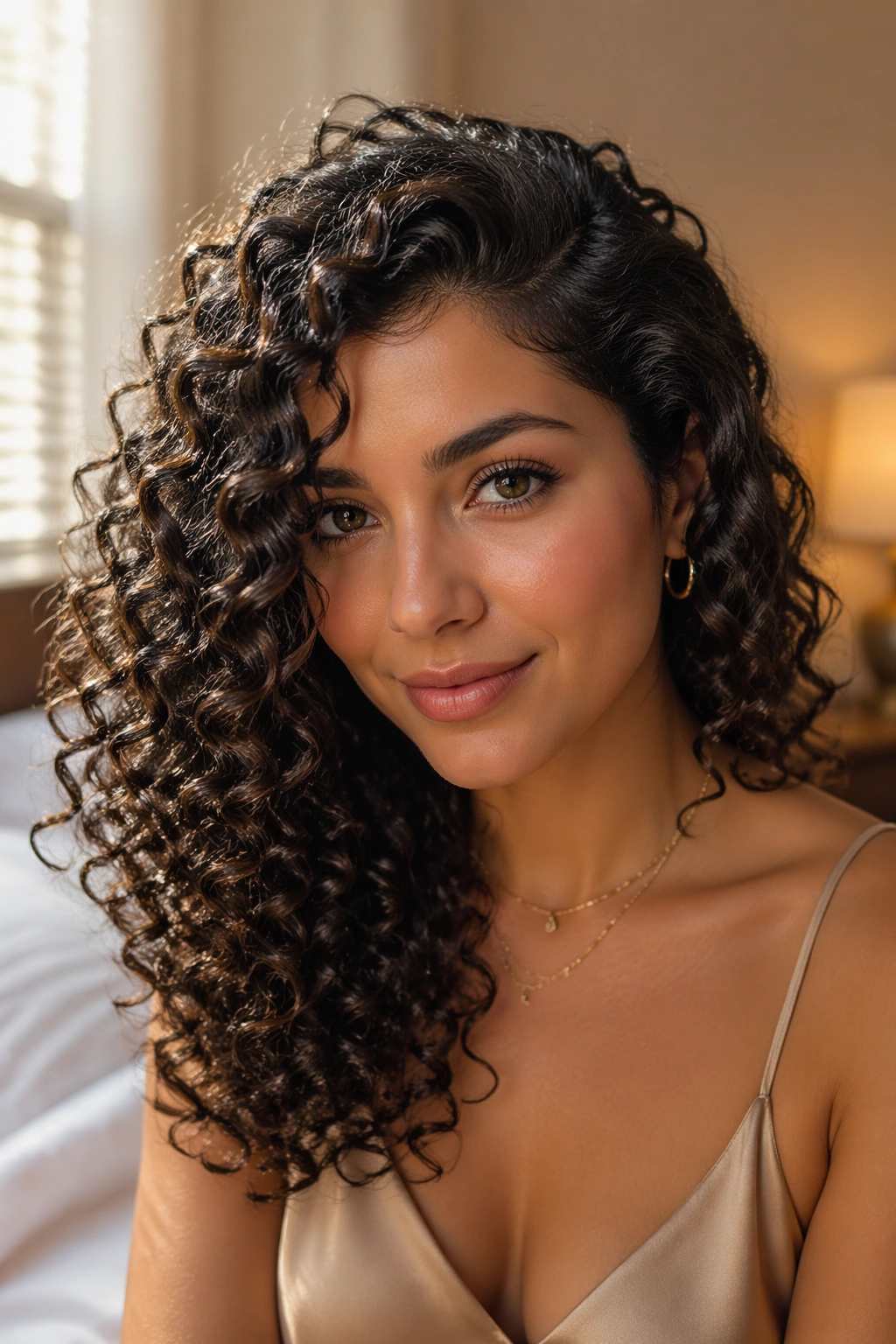 Close-up of a real woman with a soft side part and defined ringlets