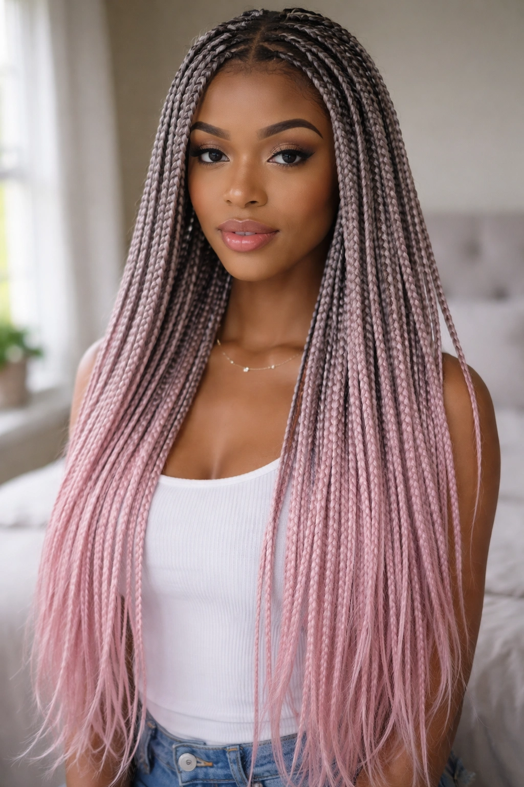 Close-up of a real woman with waist-length grey-to-pink ombre box braids