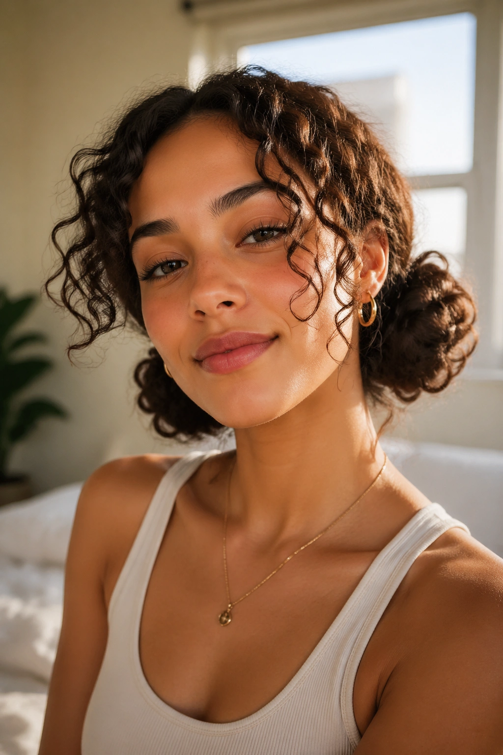 Close-up of a real woman with soft space buns in a cozy bedroom.