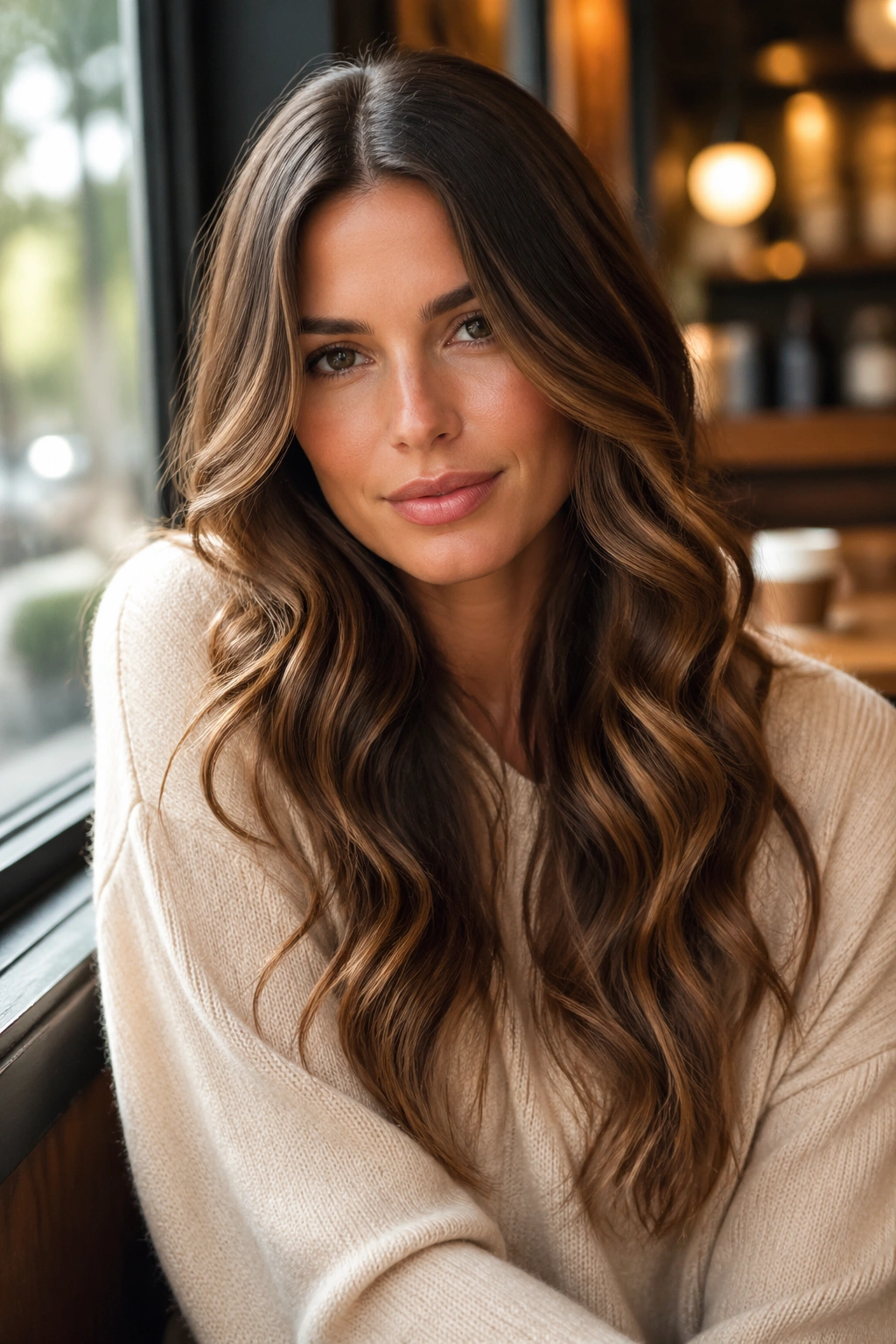 Close-up of a real woman with center-part soft spiral waves in cafe light