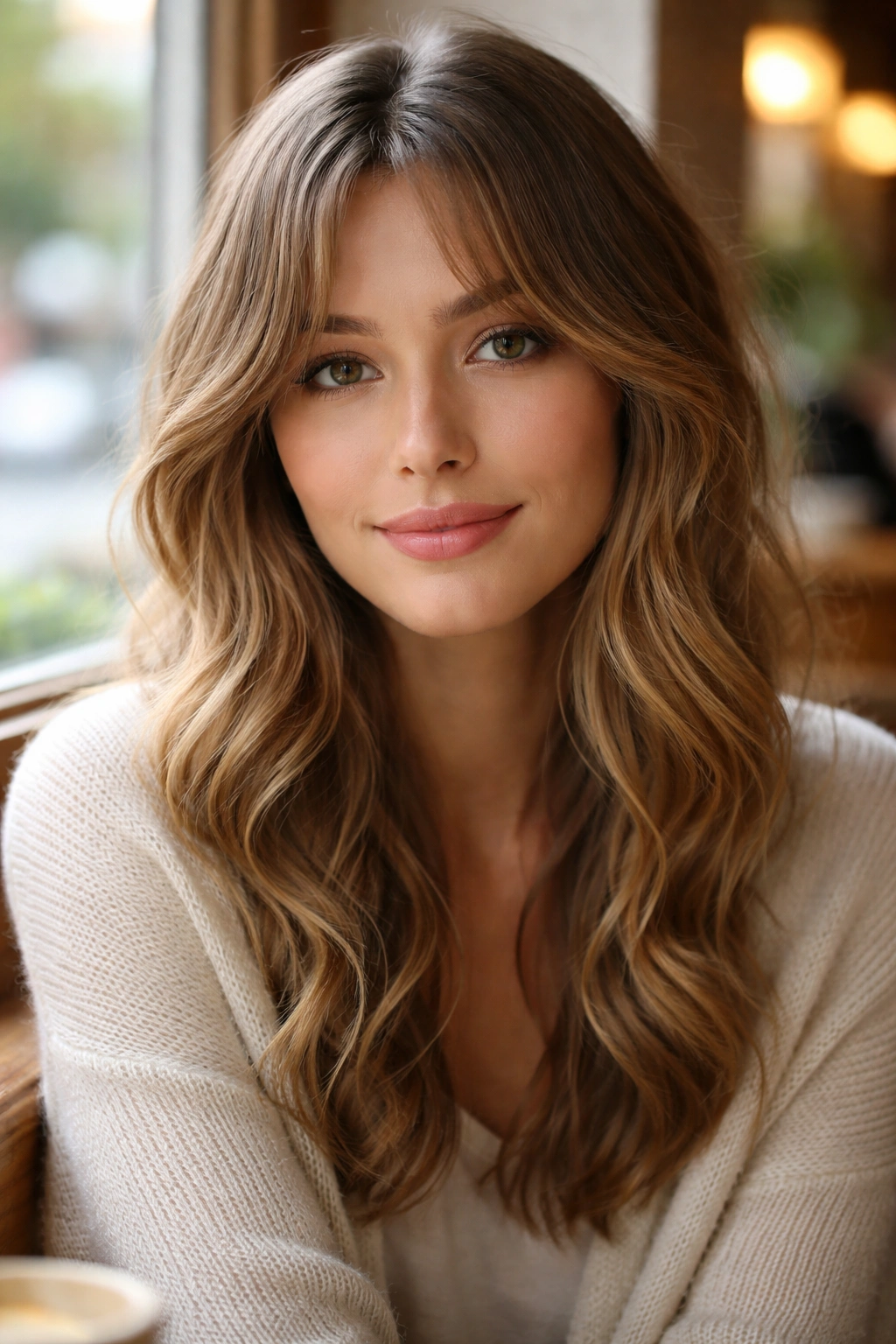 Close-up of a real woman with a soft split fringe and delicate center part