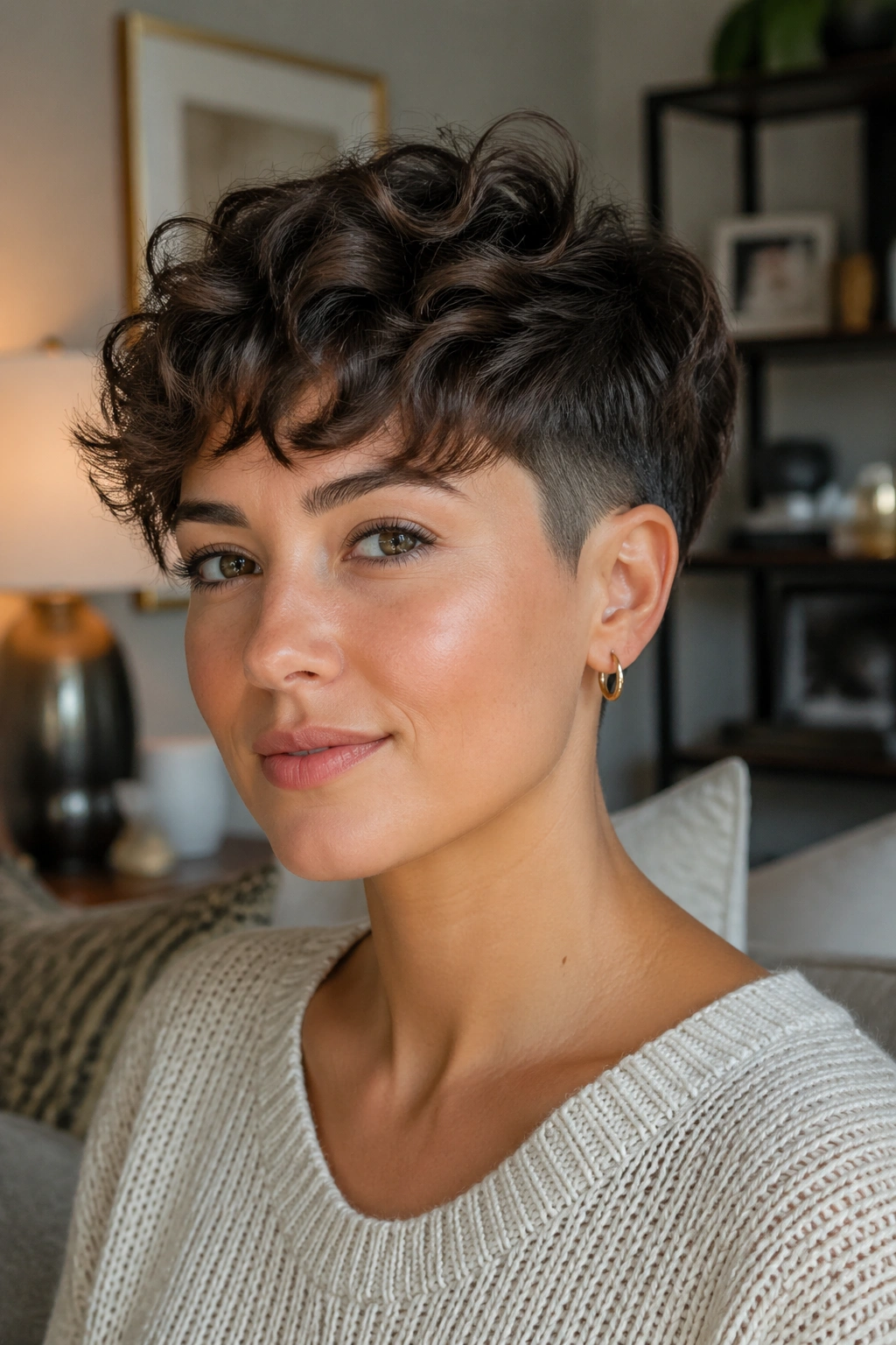 Real woman with a soft tapered cut, sides tapered into crown