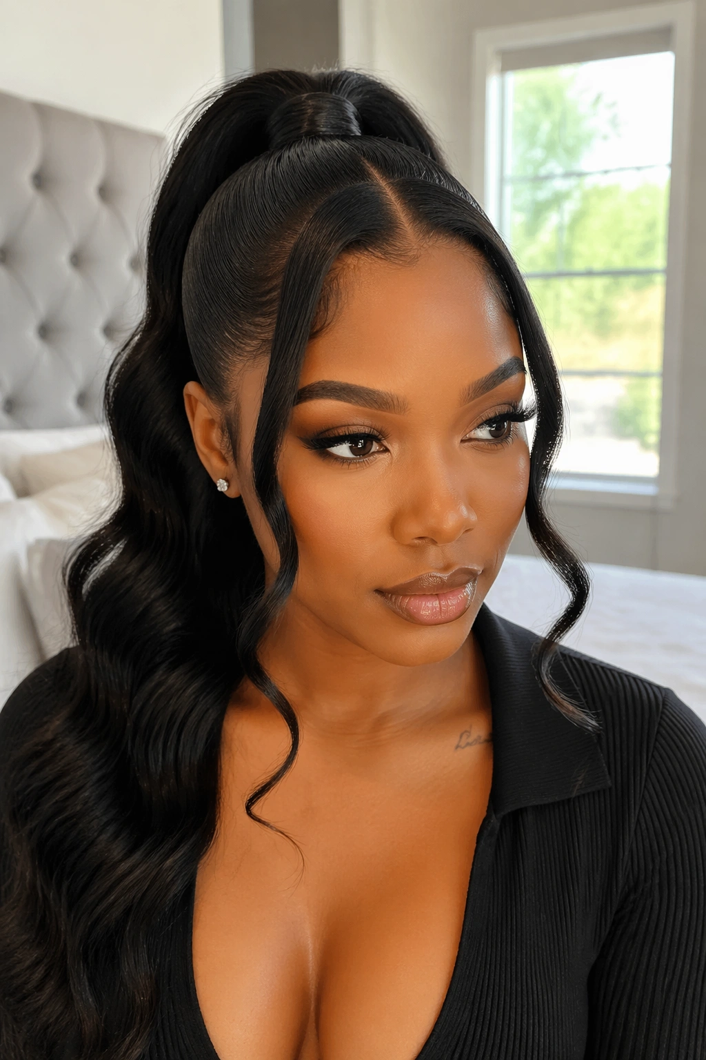 Close-up of a real woman with soft tendrils around the face and half up weave ponytail