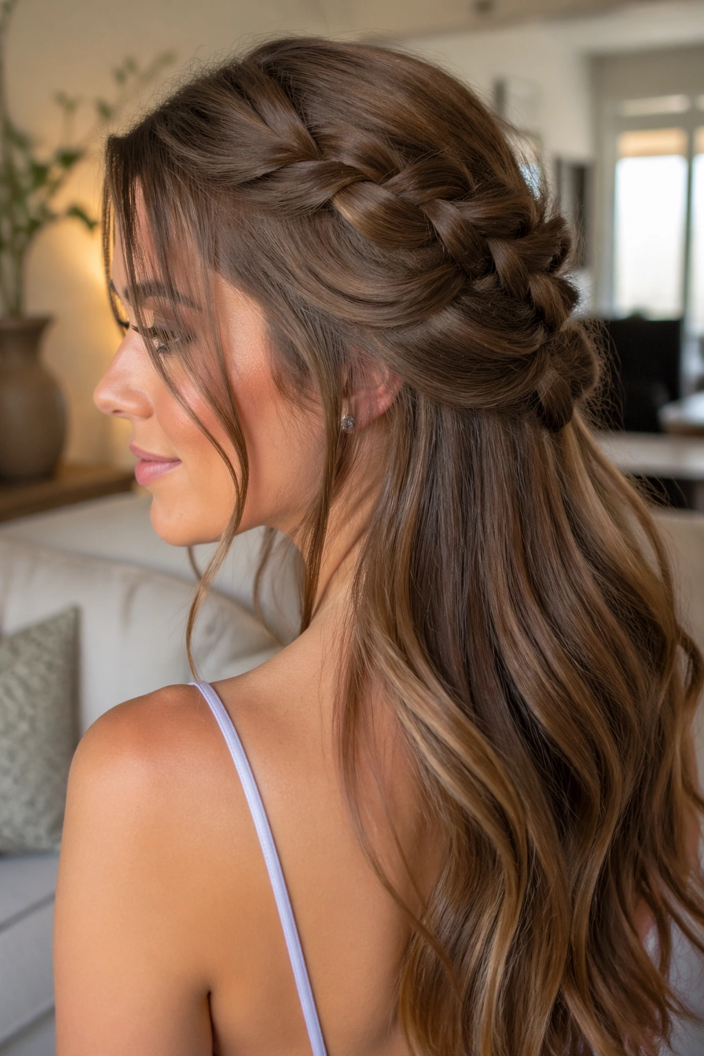 Close-up of a soft textured half-braid with loose face-framing pieces.