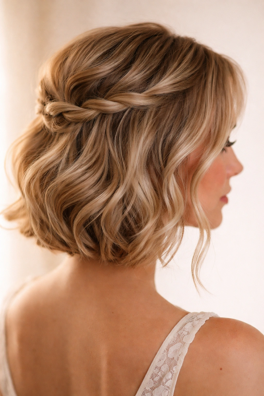 Close-up of short hair with a soft twisted crown and loose face-framing pieces for a bridal look