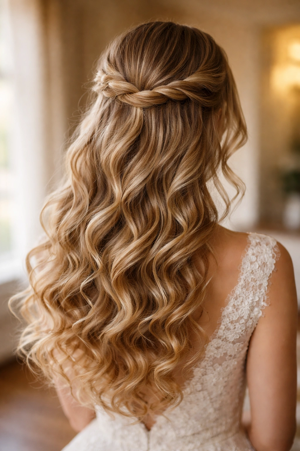 Close-up of soft twisted crown half-up hairstyle with two crown twists and loose curls