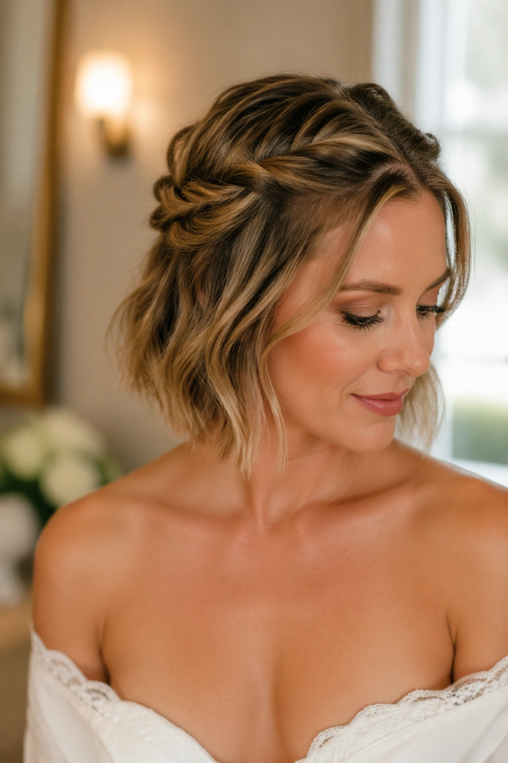Close-up of a real woman with a soft twisted crown on a textured bob