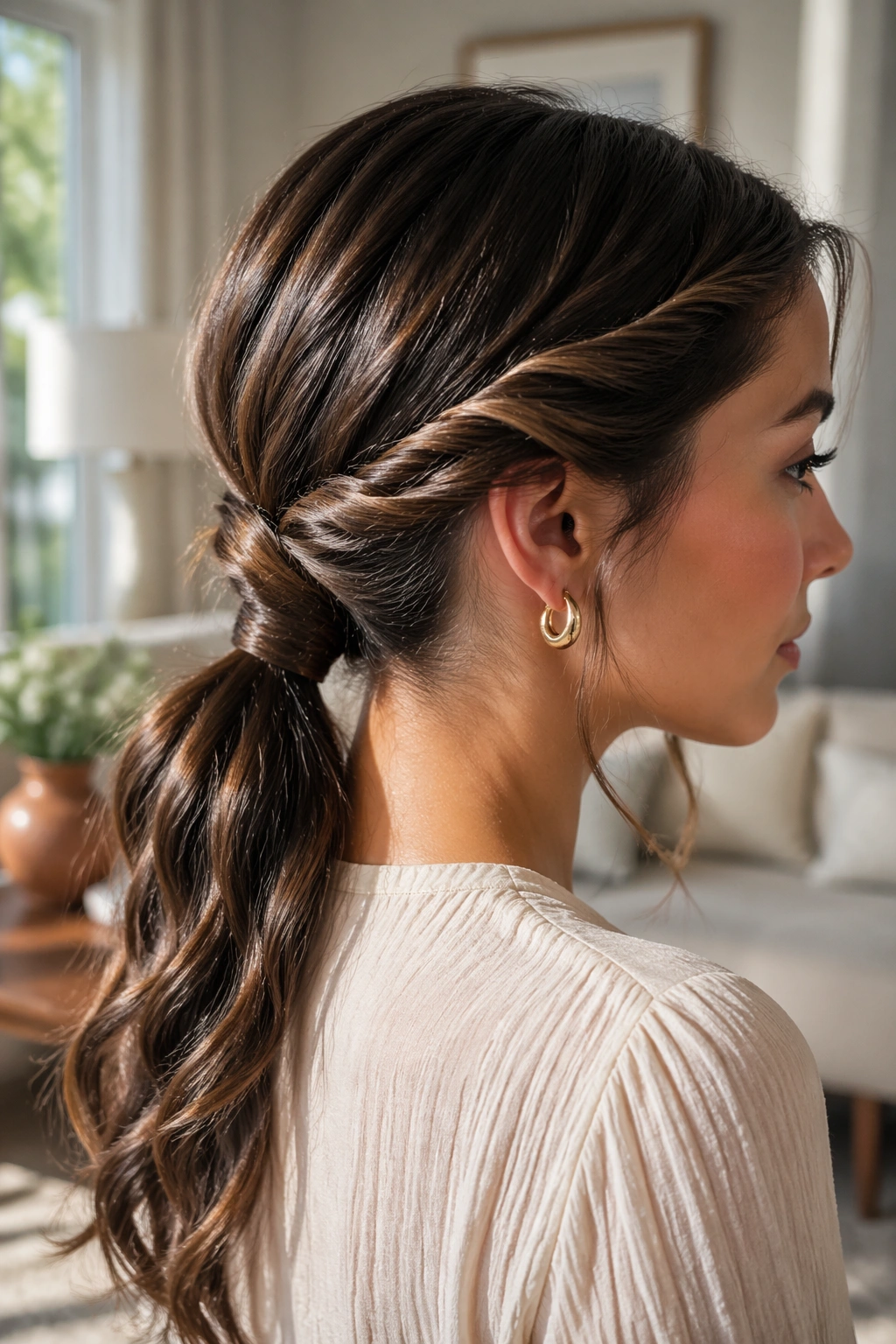 Close-up of a real woman with Soft Twisted Low Ponytail showing twists near temples